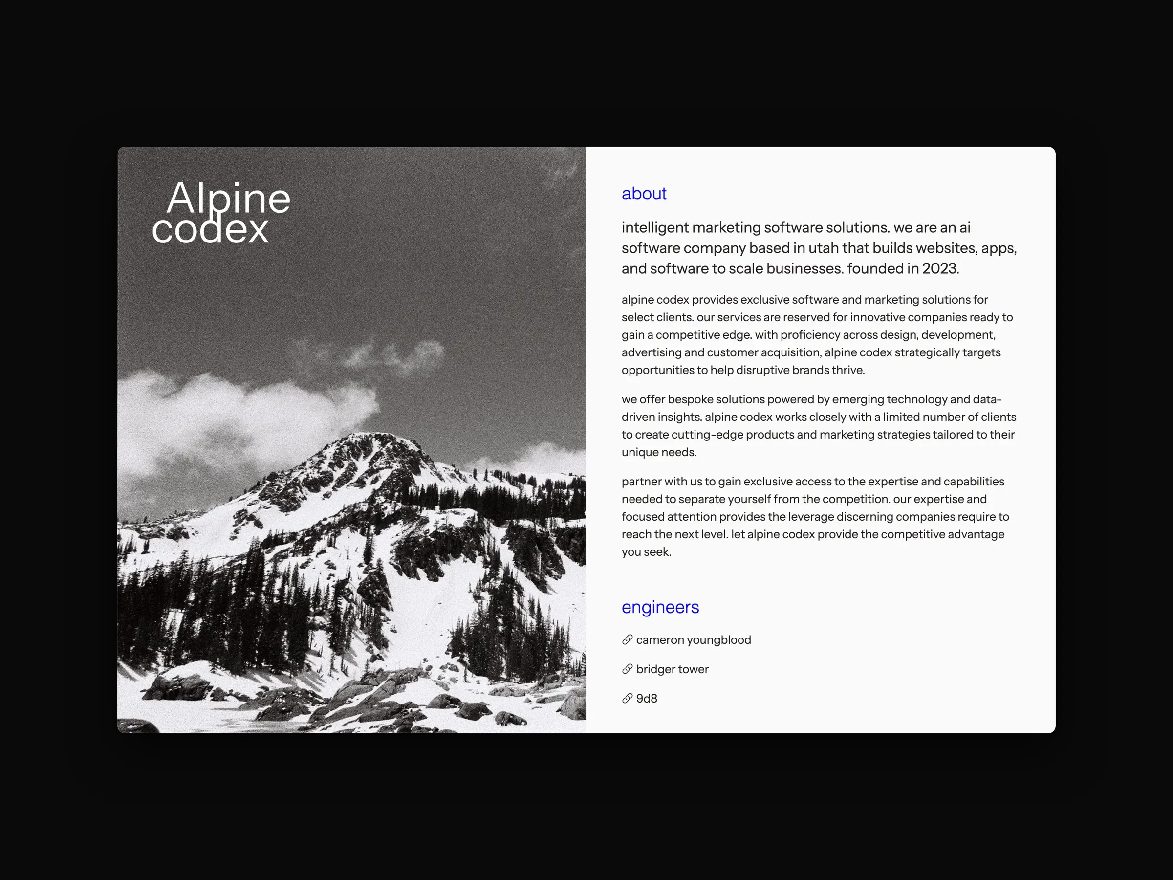 Alpine Codex: the studio's single-page site with a black-and-white mountain photograph, up close, and on a MacBook beside the mobile site.