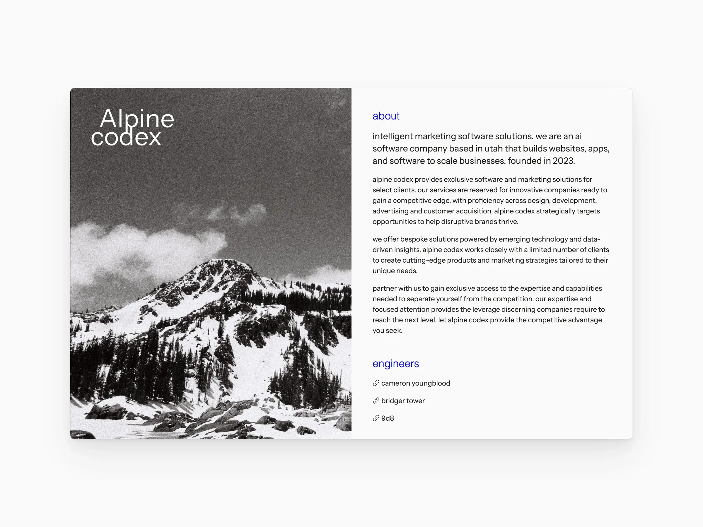 Alpine Codex: the studio's single-page site with a black-and-white mountain photograph, up close, and on a MacBook beside the mobile site.