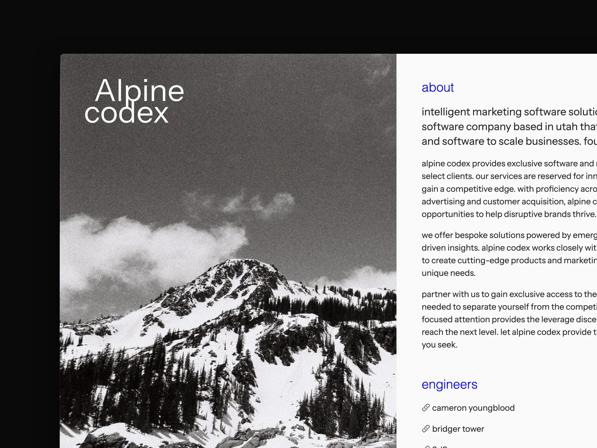 Alpine Codex: the studio's single-page site with a black-and-white mountain photograph, up close, and on a MacBook beside the mobile site.