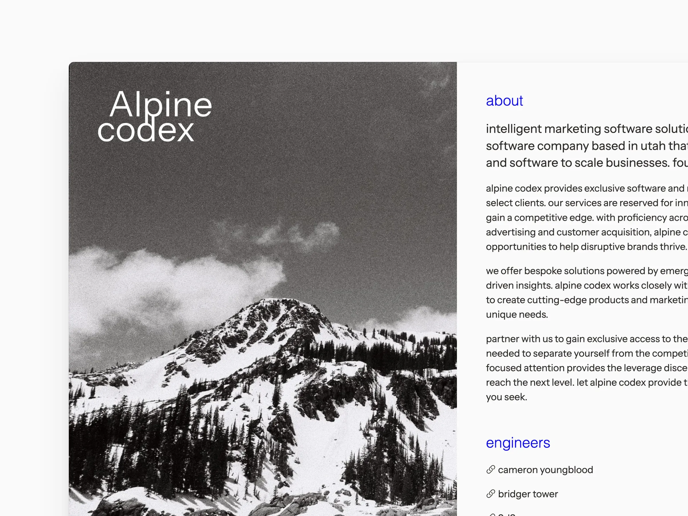 Alpine Codex: the studio's single-page site with a black-and-white mountain photograph, up close, and on a MacBook beside the mobile site.