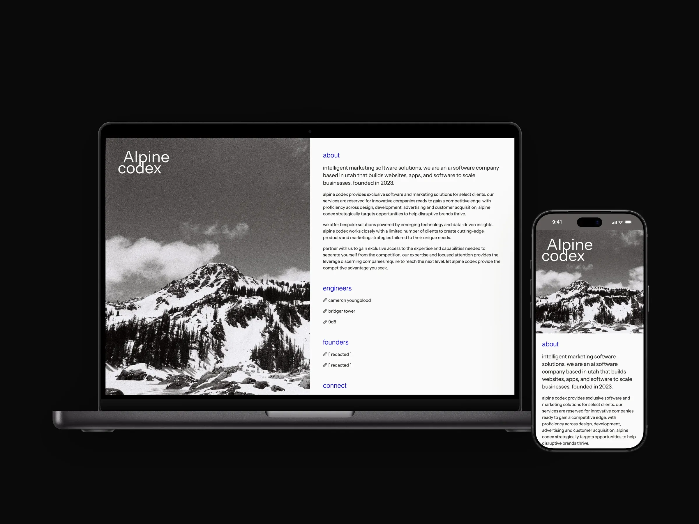 Alpine Codex: the studio's single-page site with a black-and-white mountain photograph, up close, and on a MacBook beside the mobile site.