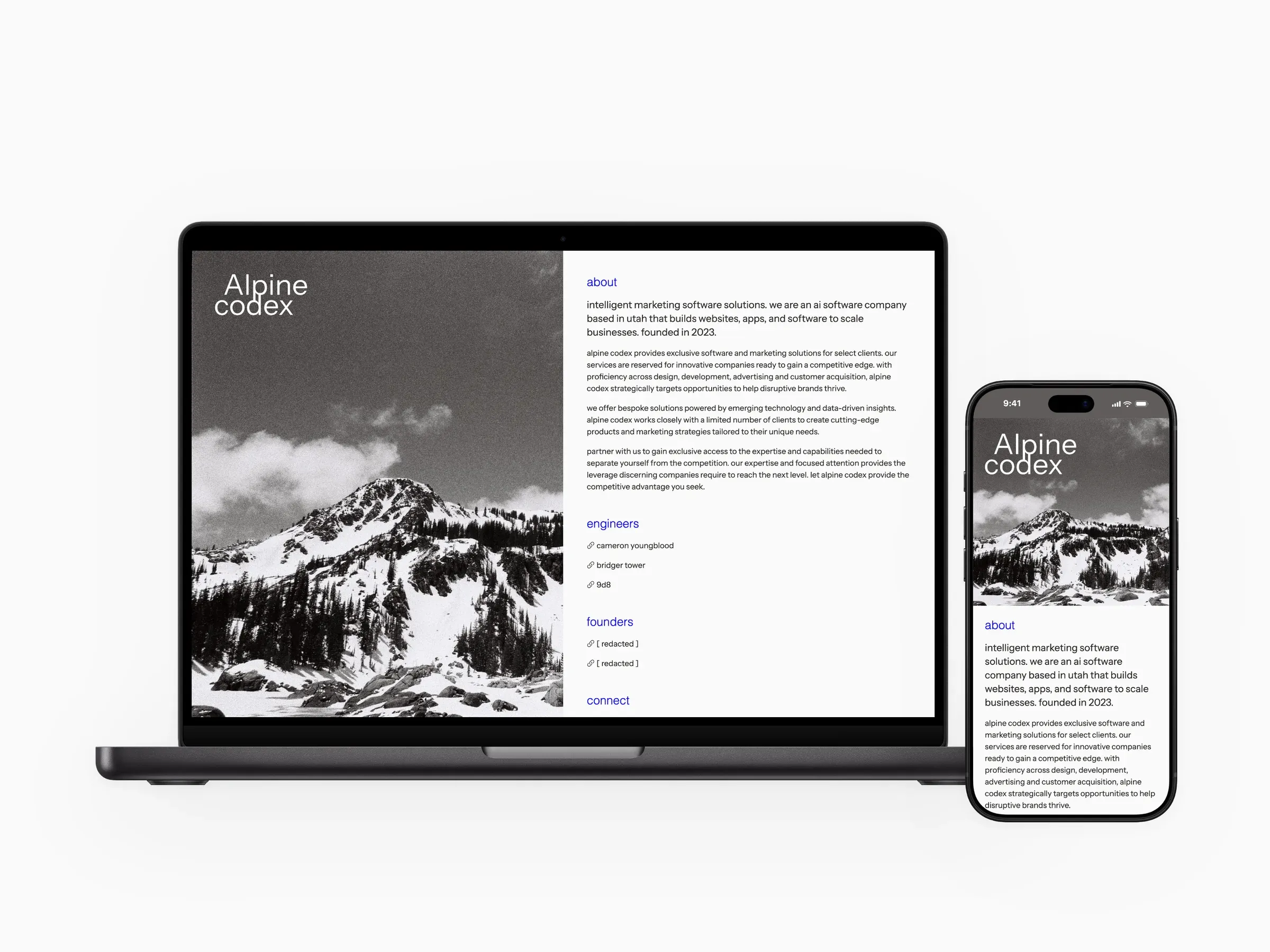 Alpine Codex: the studio's single-page site with a black-and-white mountain photograph, up close, and on a MacBook beside the mobile site.