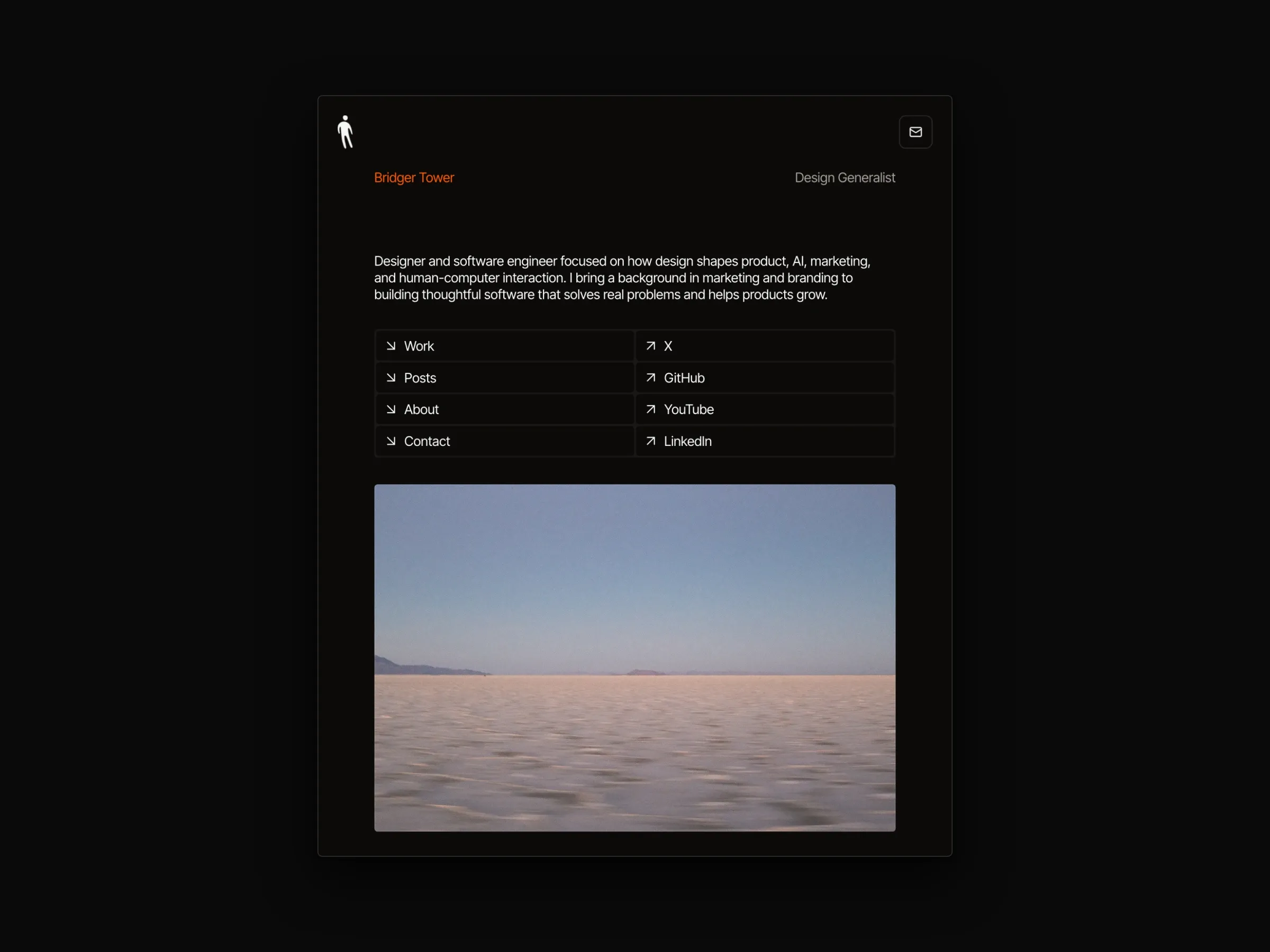 Bridger Tower’s personal website: the homepage with an introduction, links, and a landscape photograph, the posts index up close, and a post with code on a MacBook beside the work index on an iPhone.