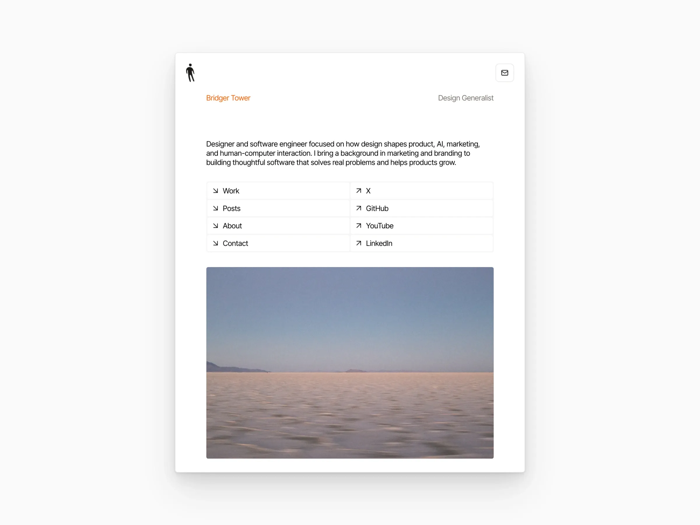 Bridger Tower’s personal website: the homepage with an introduction, links, and a landscape photograph, the posts index up close, and a post with code on a MacBook beside the work index on an iPhone.