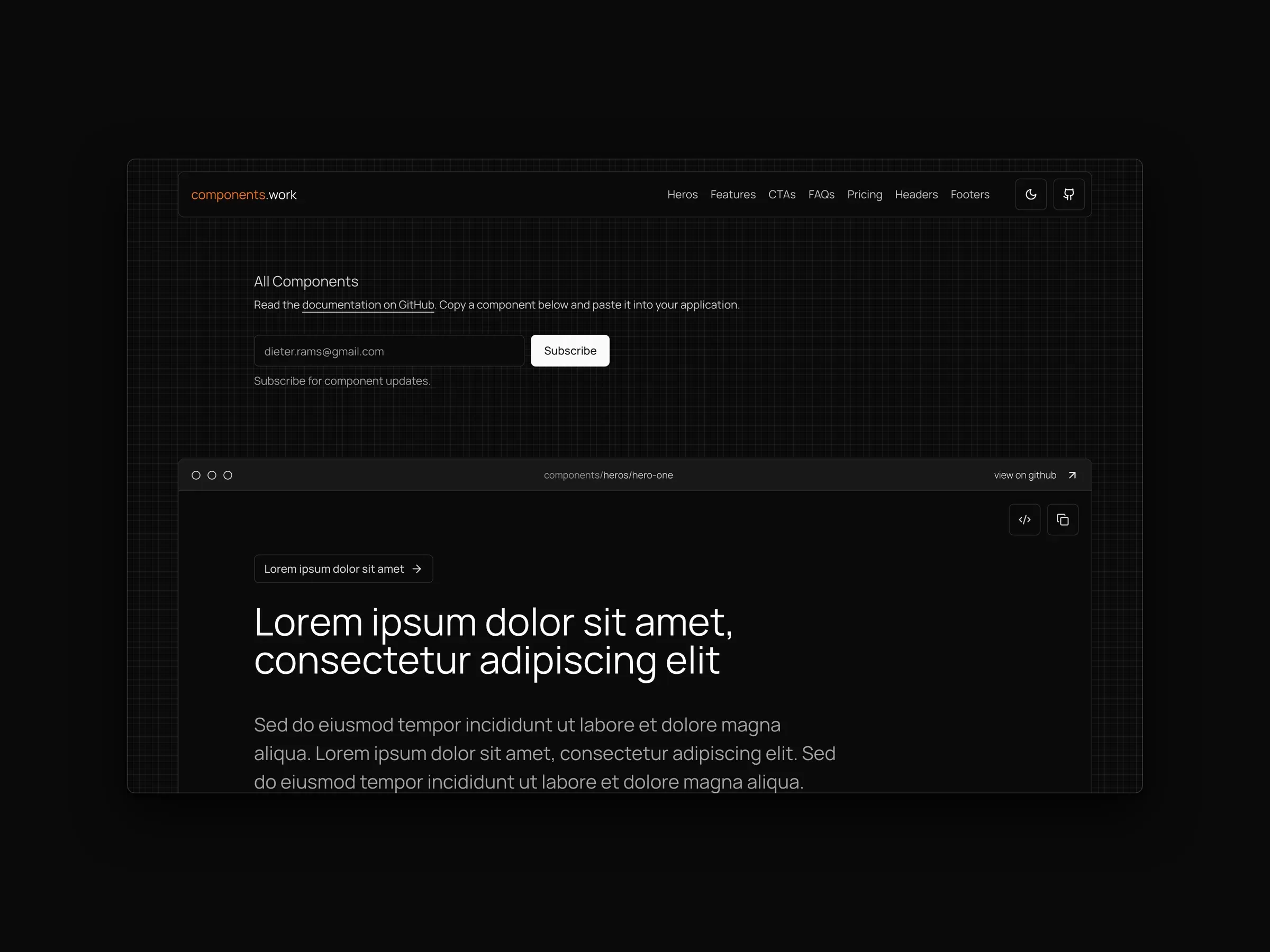 Components: the component library homepage, a pricing component, and an FAQ component on a MacBook beside the mobile site.
