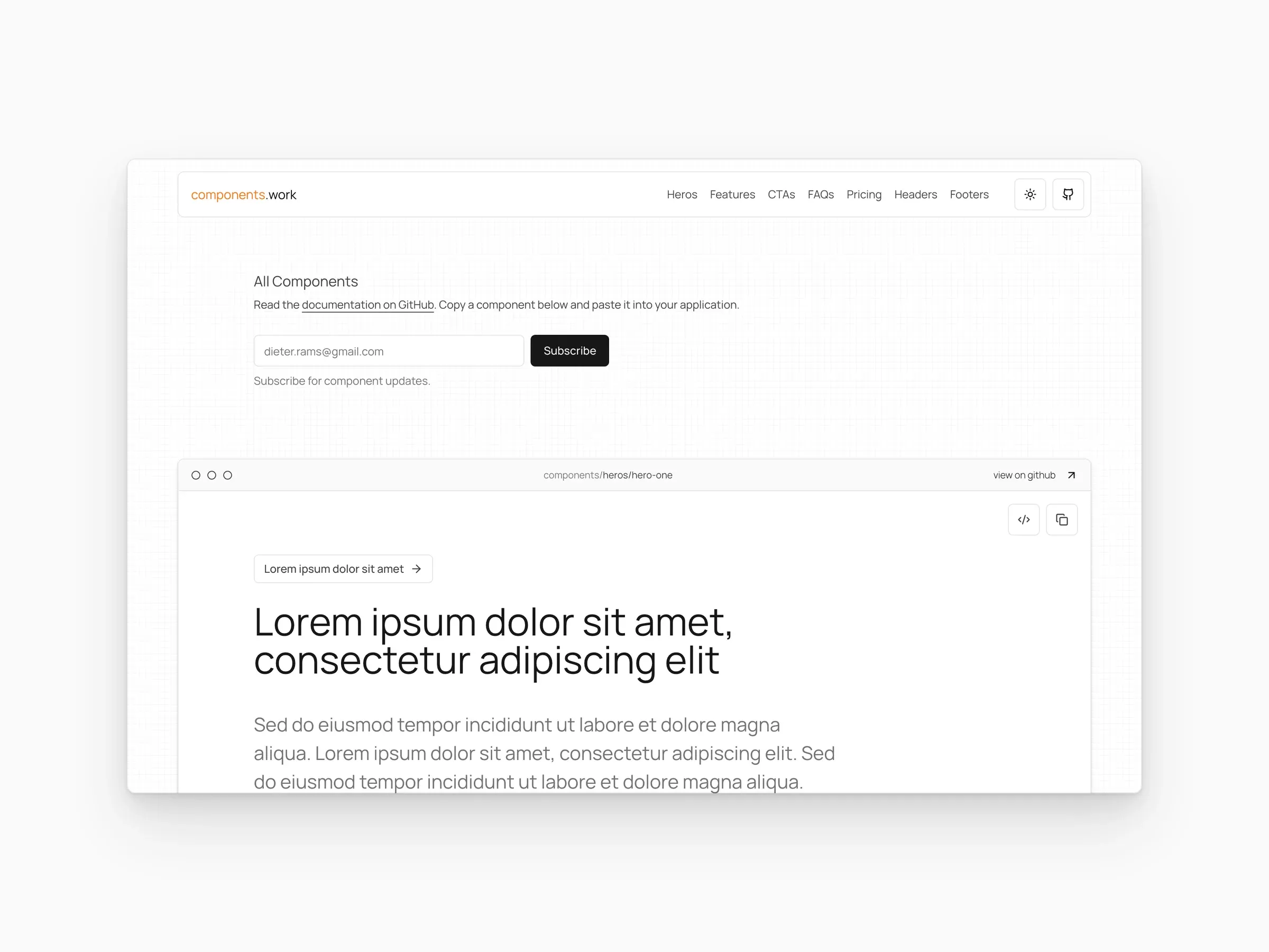 Components: the component library homepage, a pricing component, and an FAQ component on a MacBook beside the mobile site.