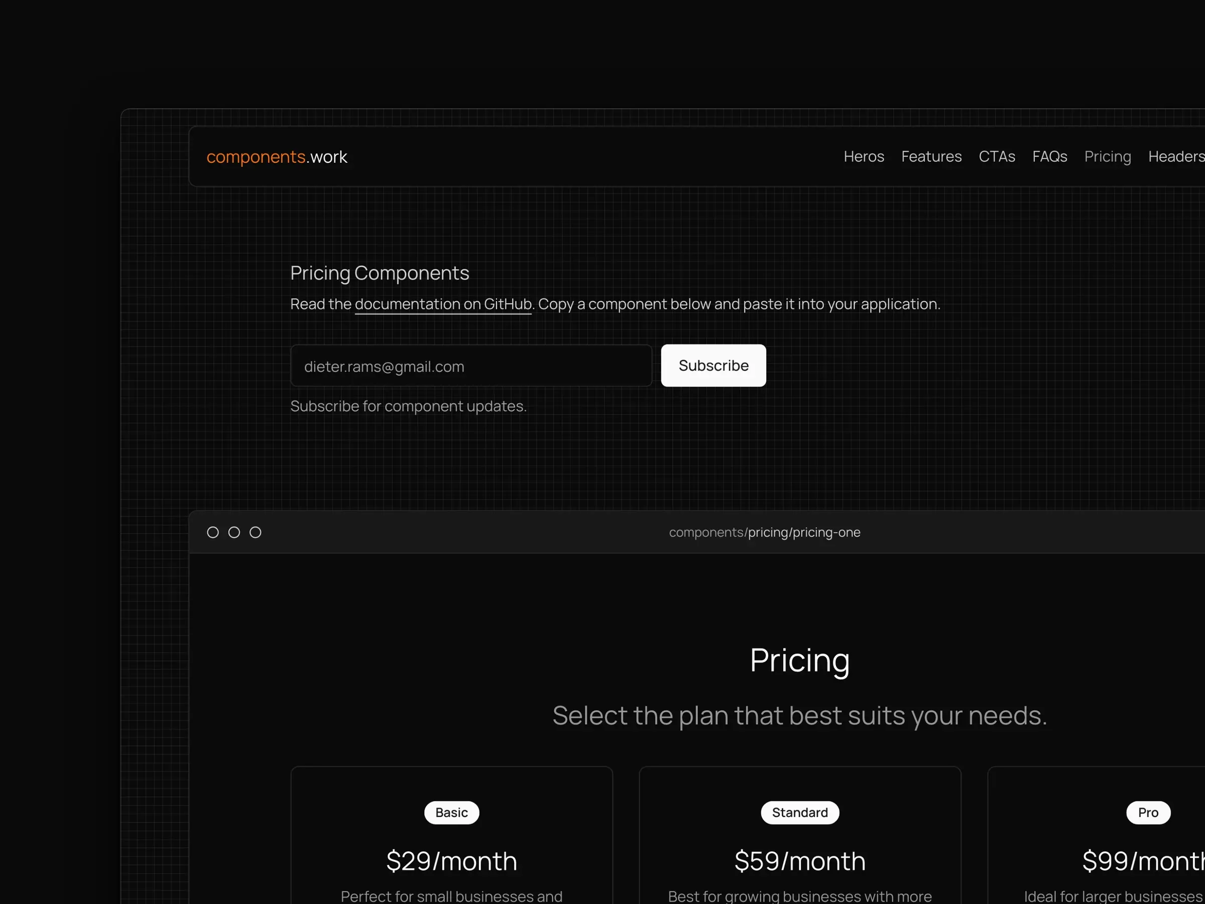 Components: the component library homepage, a pricing component, and an FAQ component on a MacBook beside the mobile site.