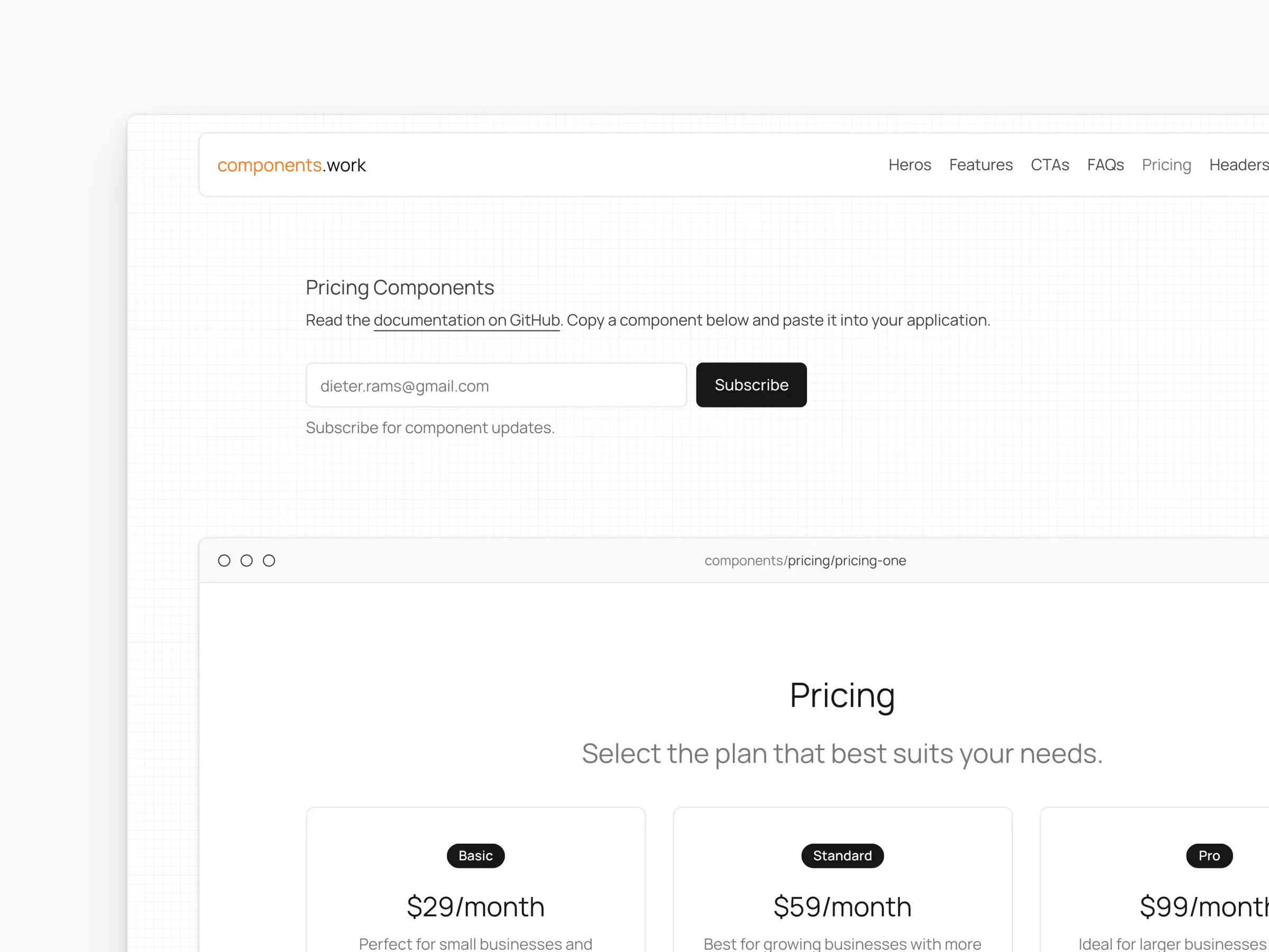 Components: the component library homepage, a pricing component, and an FAQ component on a MacBook beside the mobile site.