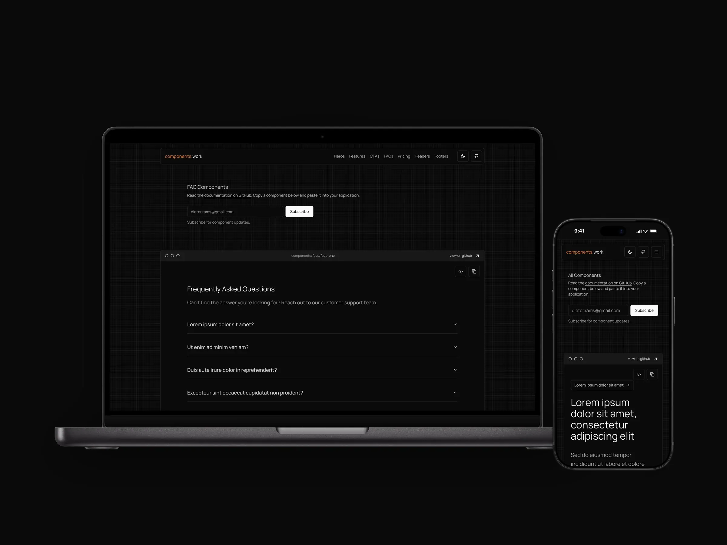 Components: the component library homepage, a pricing component, and an FAQ component on a MacBook beside the mobile site.
