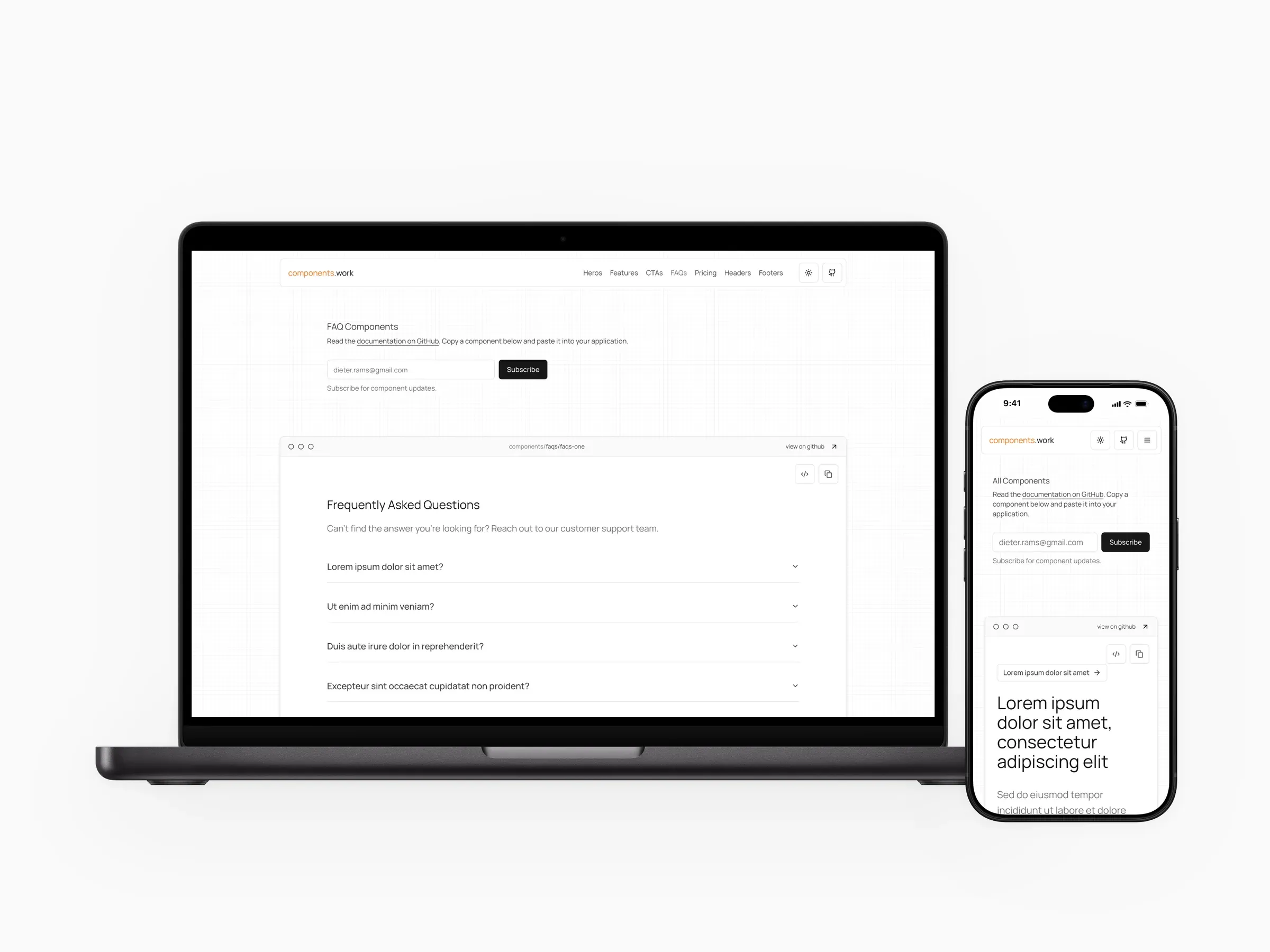 Components: the component library homepage, a pricing component, and an FAQ component on a MacBook beside the mobile site.