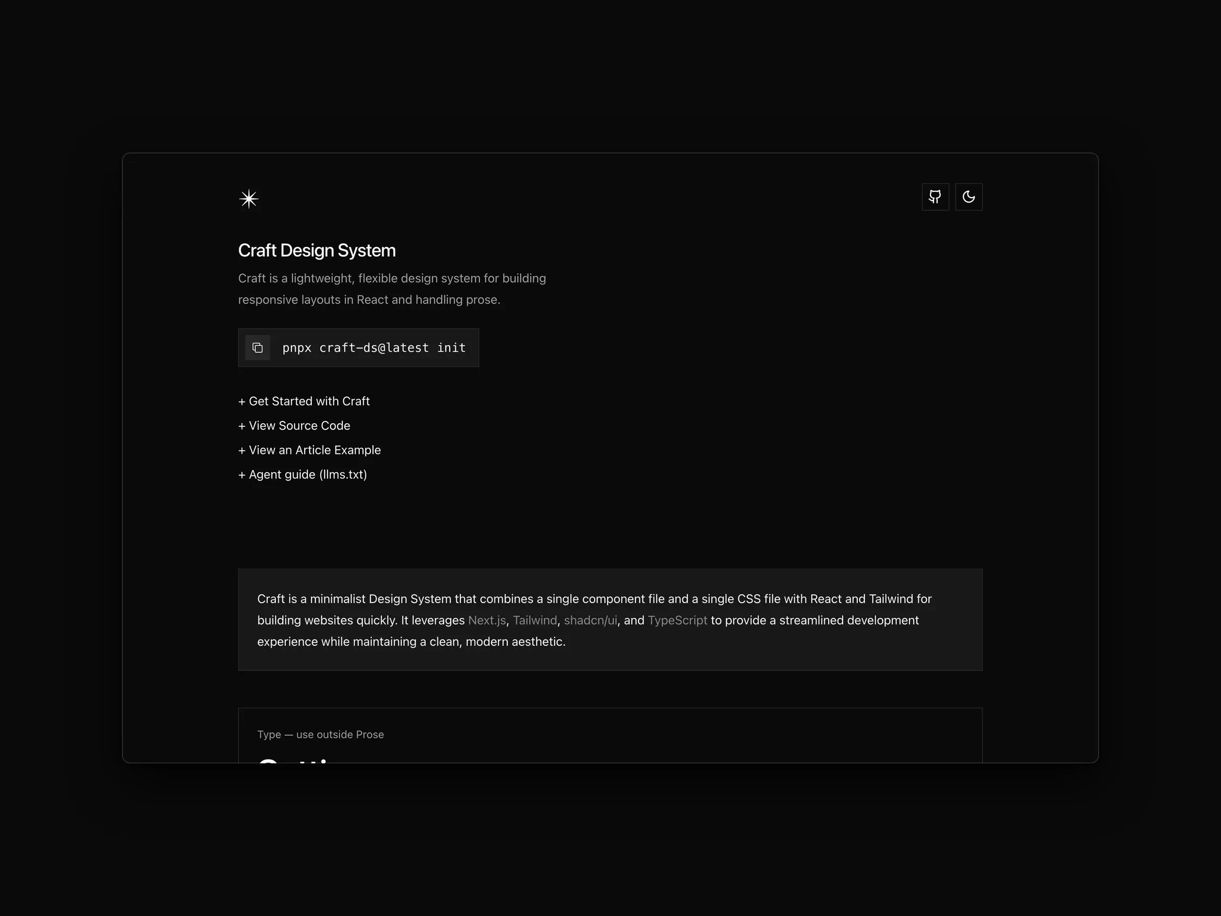 Craft Design System: the homepage, an example article's type styles, and the code documentation on a MacBook beside the mobile site.