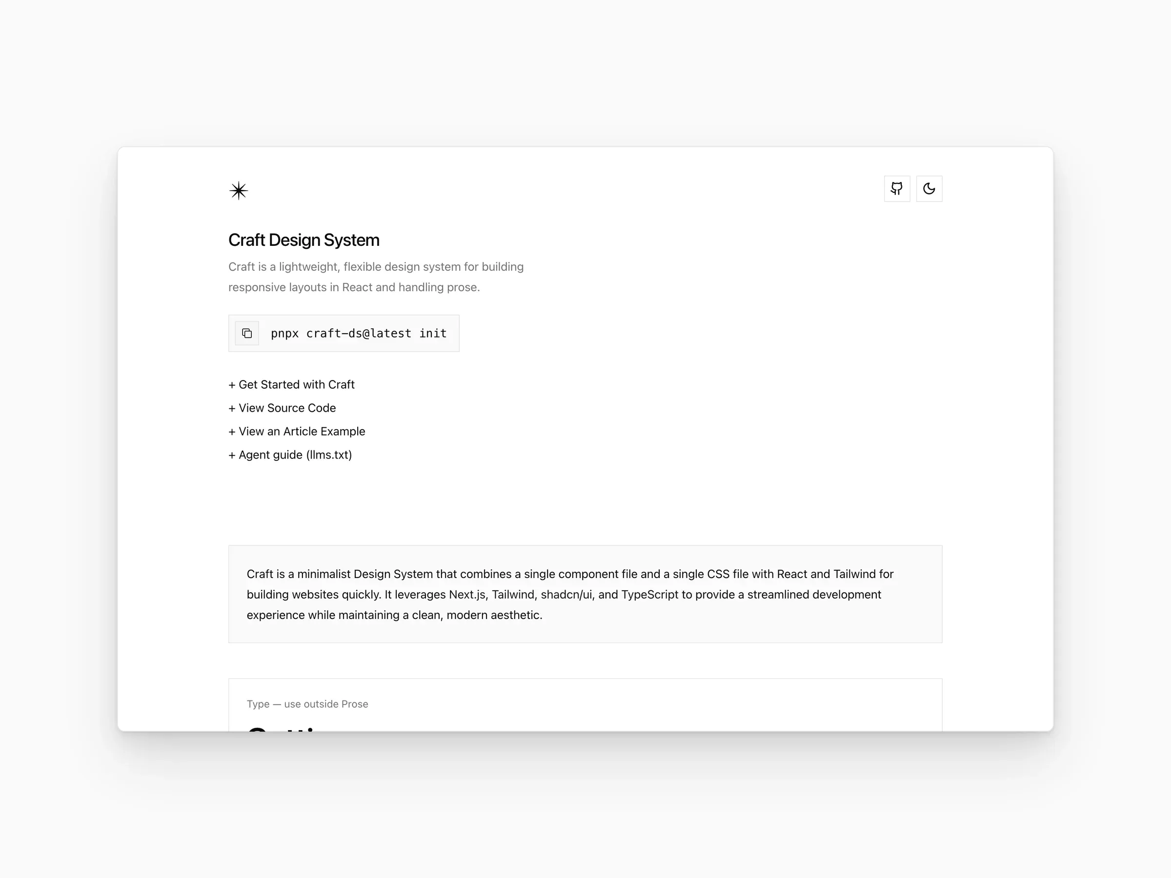 Craft Design System: the homepage, an example article's type styles, and the code documentation on a MacBook beside the mobile site.