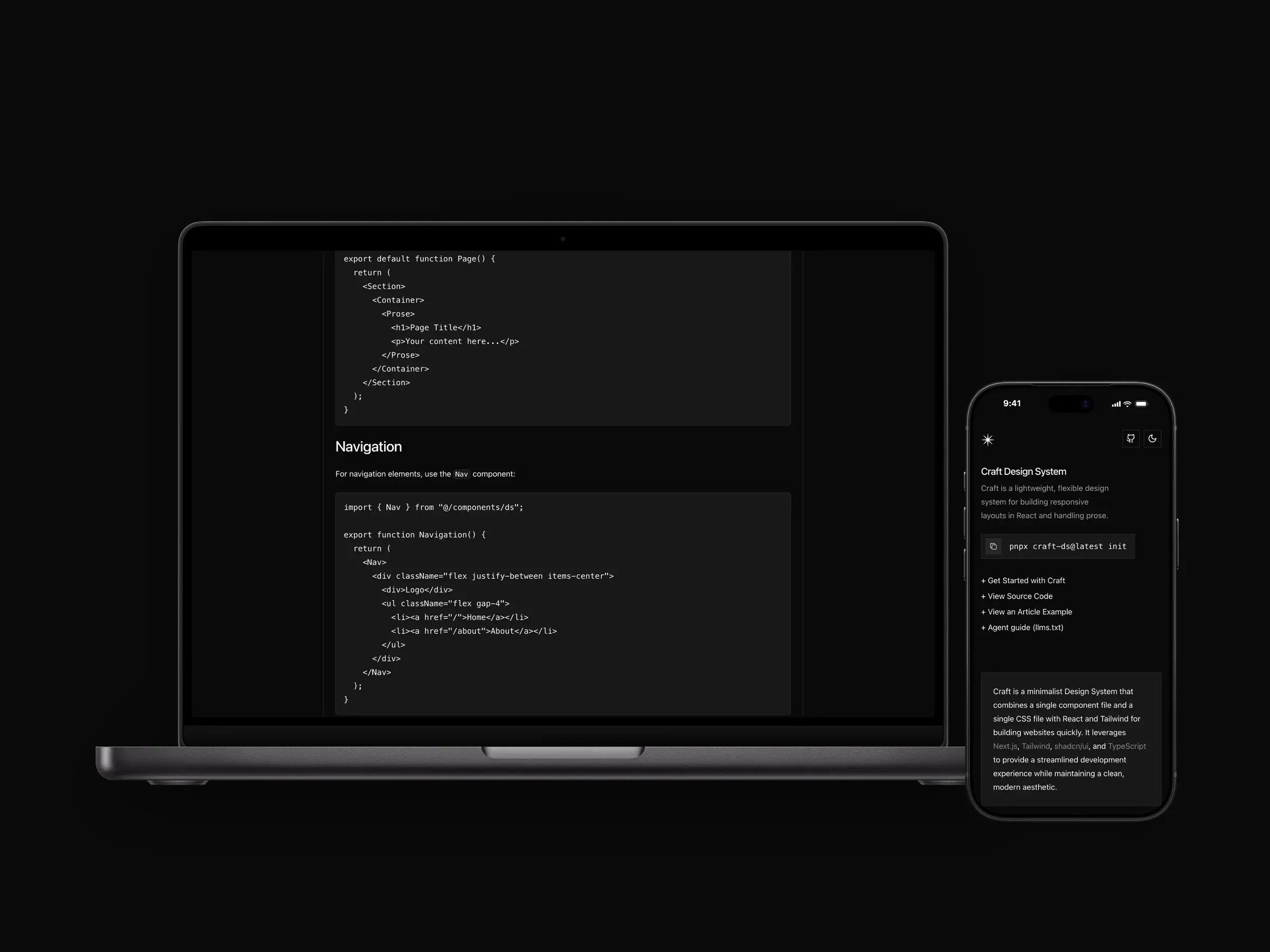 Craft Design System: the homepage, an example article's type styles, and the code documentation on a MacBook beside the mobile site.