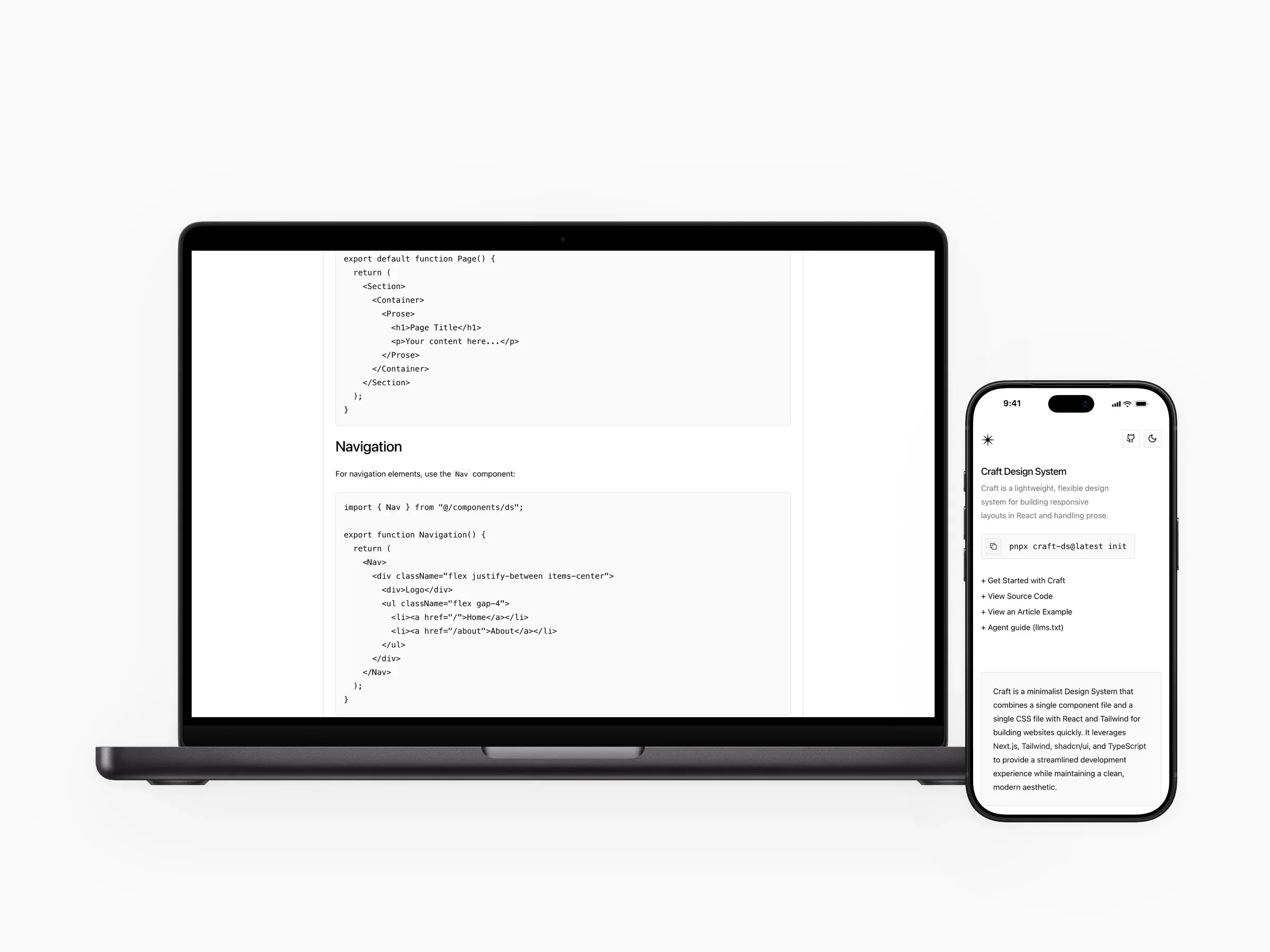 Craft Design System: the homepage, an example article's type styles, and the code documentation on a MacBook beside the mobile site.