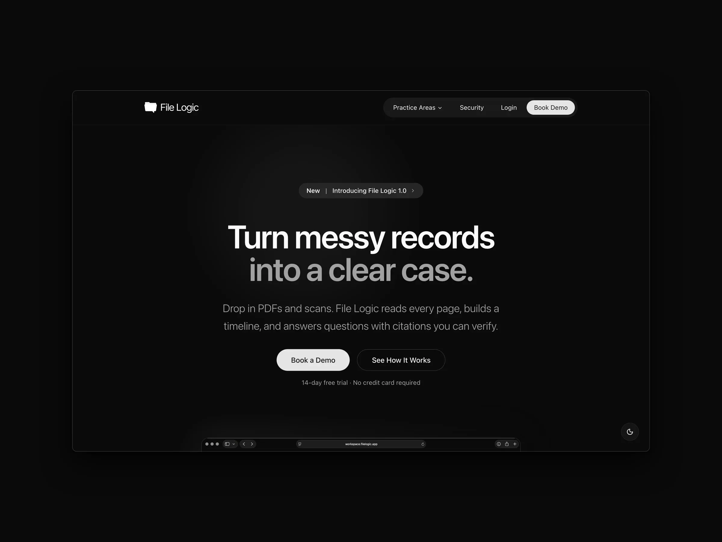 File Logic: the homepage, the case view from the app up close, and the security page on a MacBook beside the mobile site.