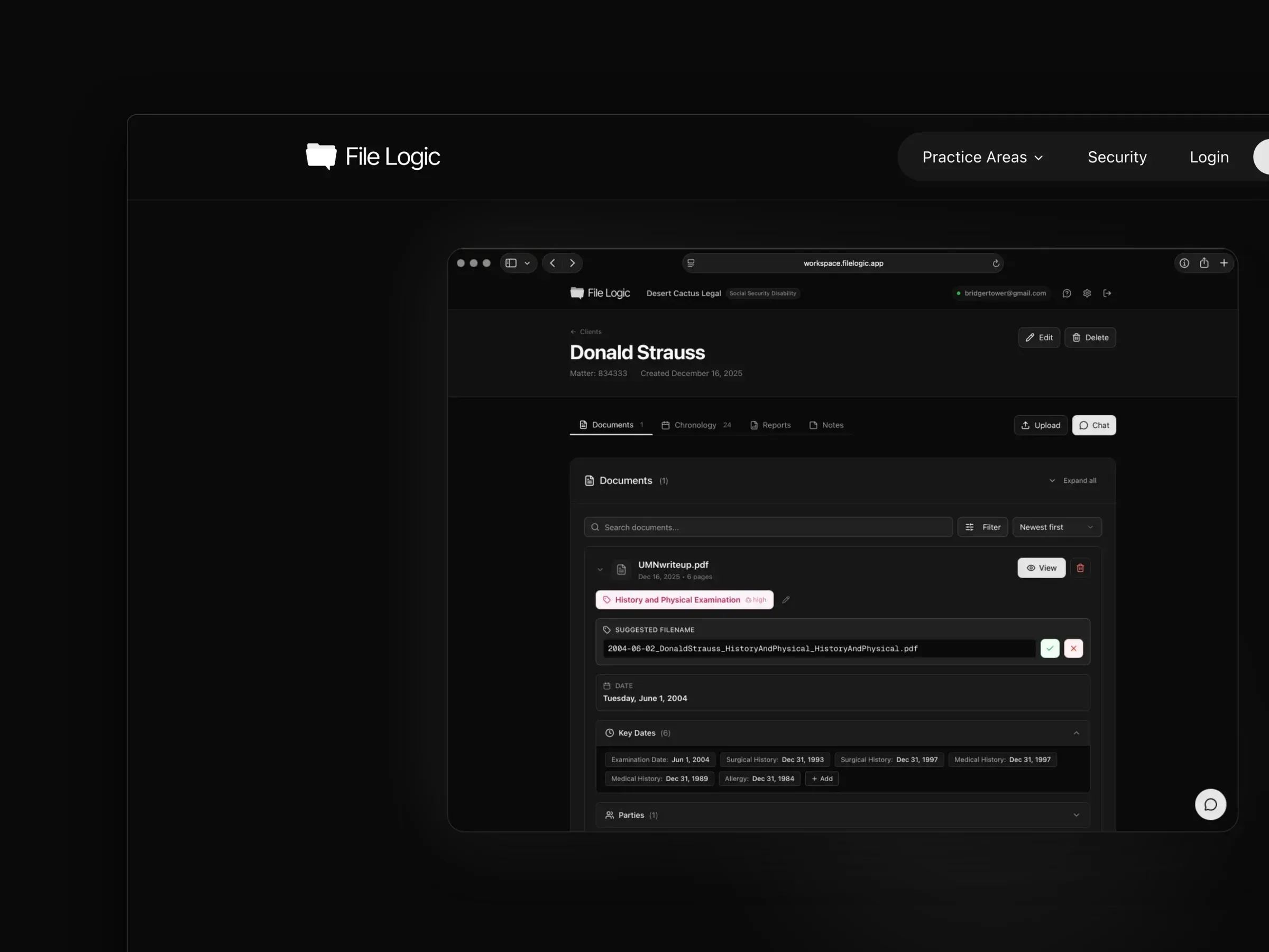 File Logic: the homepage, the case view from the app up close, and the security page on a MacBook beside the mobile site.
