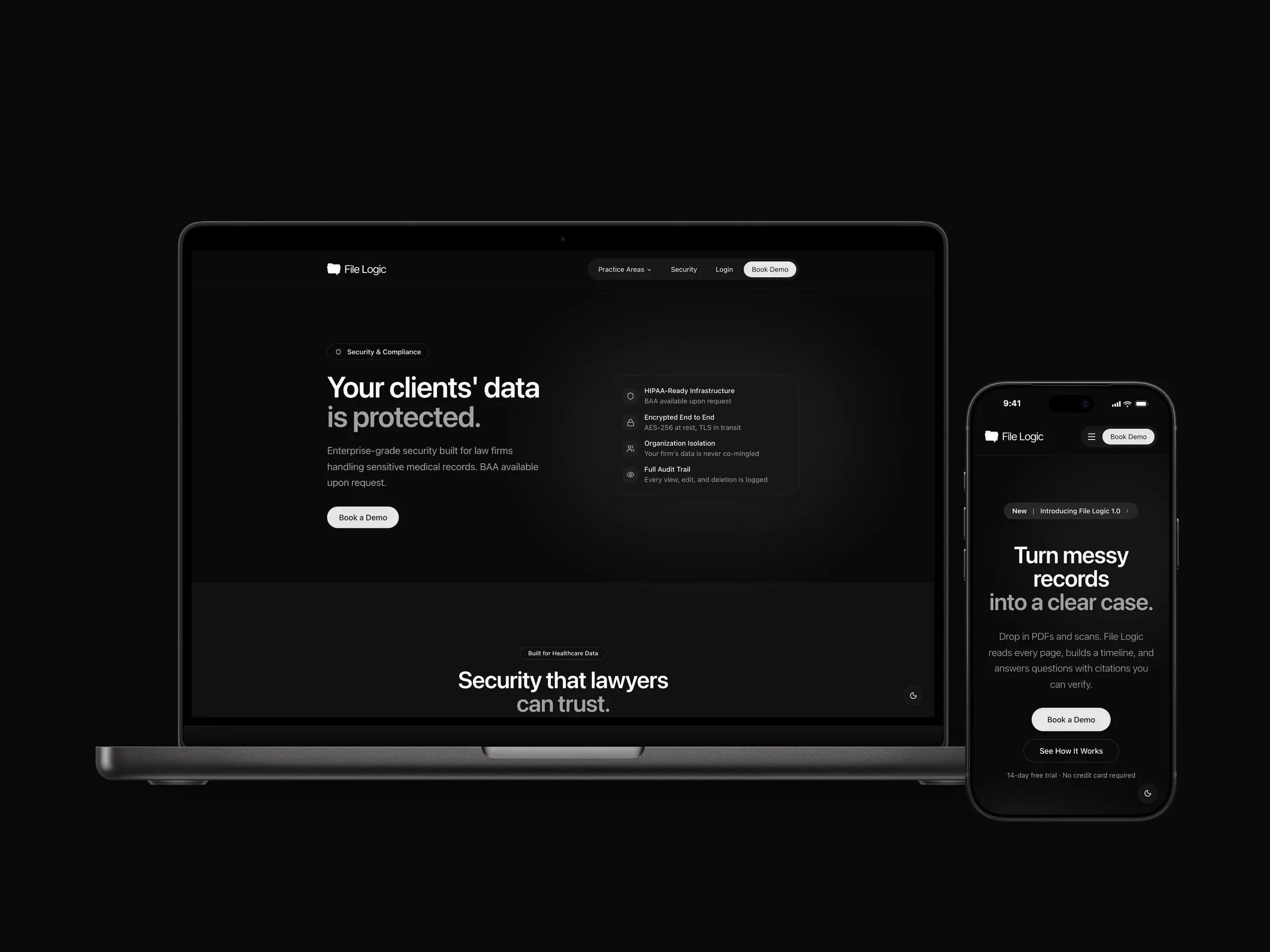 File Logic: the homepage, the case view from the app up close, and the security page on a MacBook beside the mobile site.