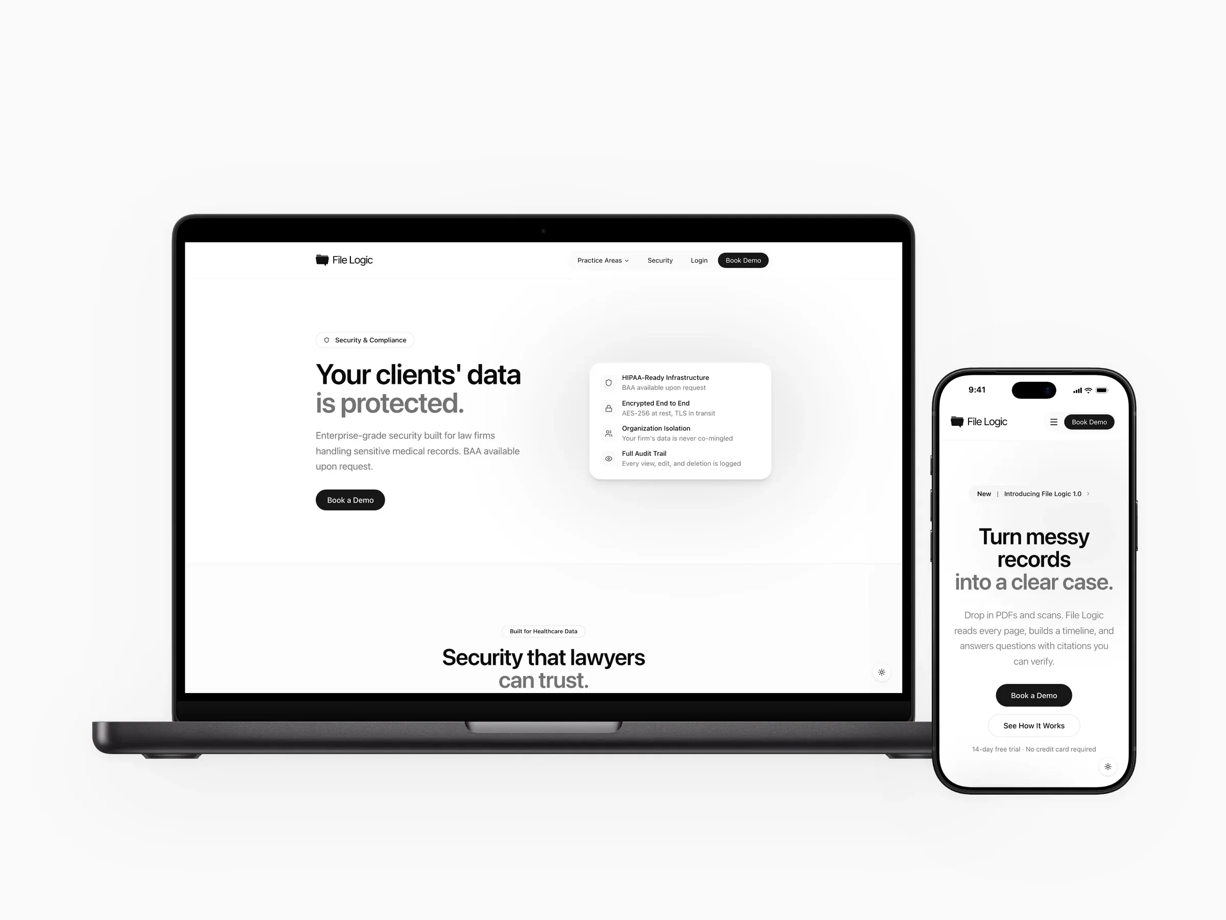 File Logic: the homepage, the case view from the app up close, and the security page on a MacBook beside the mobile site.