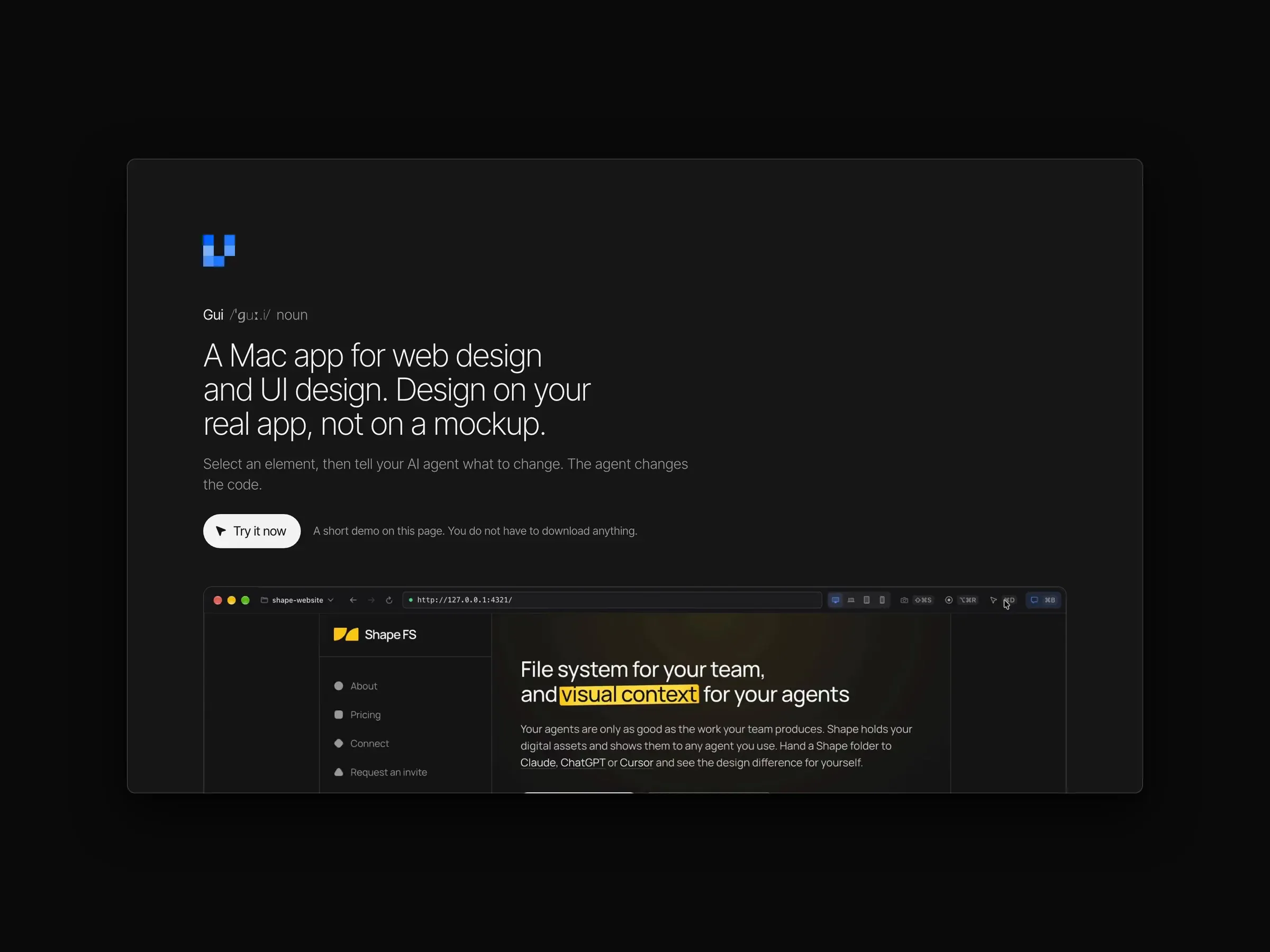 Gui, a Mac app for web design: the homepage, its demo, and the feature walkthrough on a MacBook beside the mobile site.