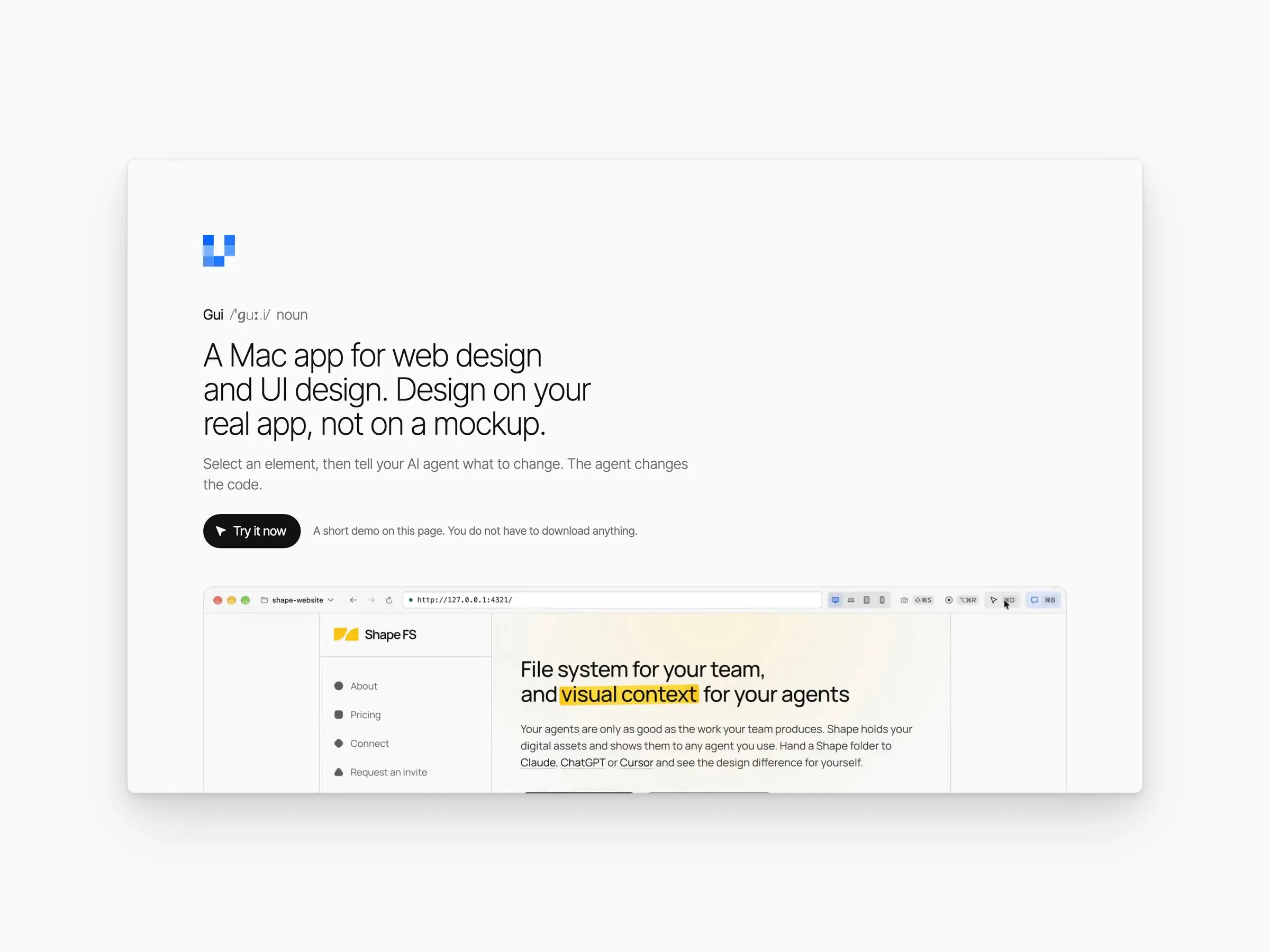 Gui, a Mac app for web design: the homepage, its demo, and the feature walkthrough on a MacBook beside the mobile site.
