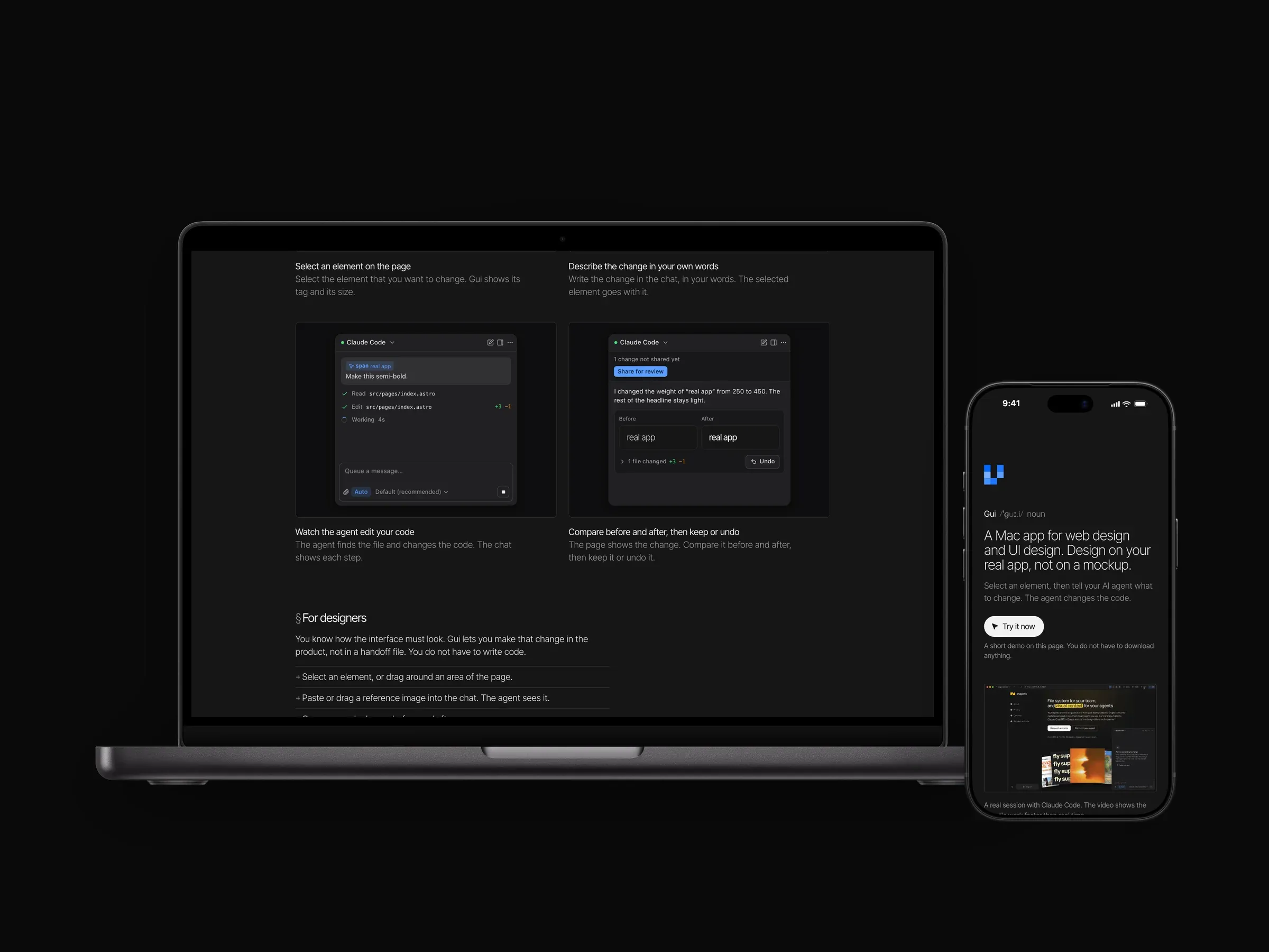 Gui, a Mac app for web design: the homepage, its demo, and the feature walkthrough on a MacBook beside the mobile site.