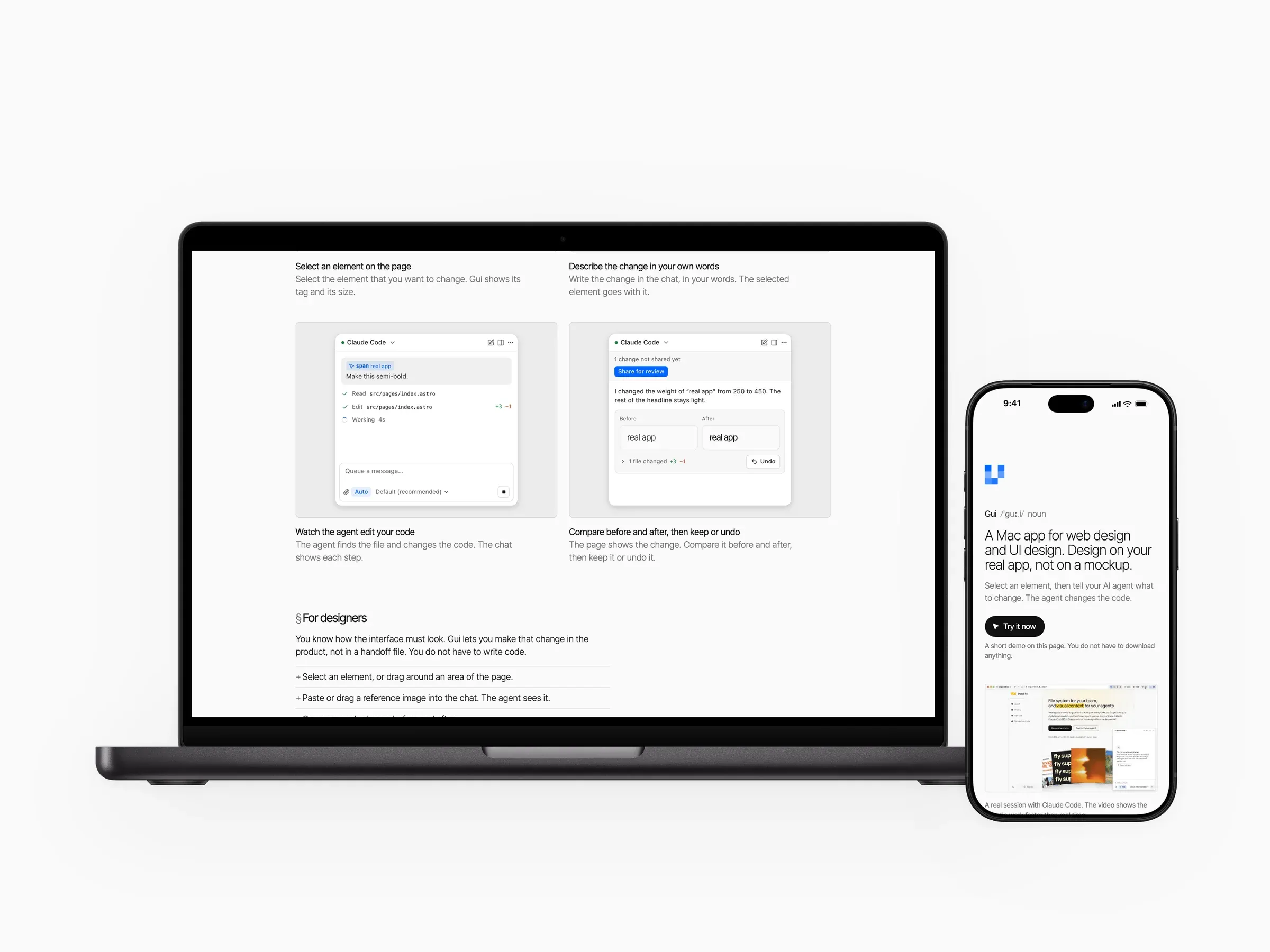 Gui, a Mac app for web design: the homepage, its demo, and the feature walkthrough on a MacBook beside the mobile site.