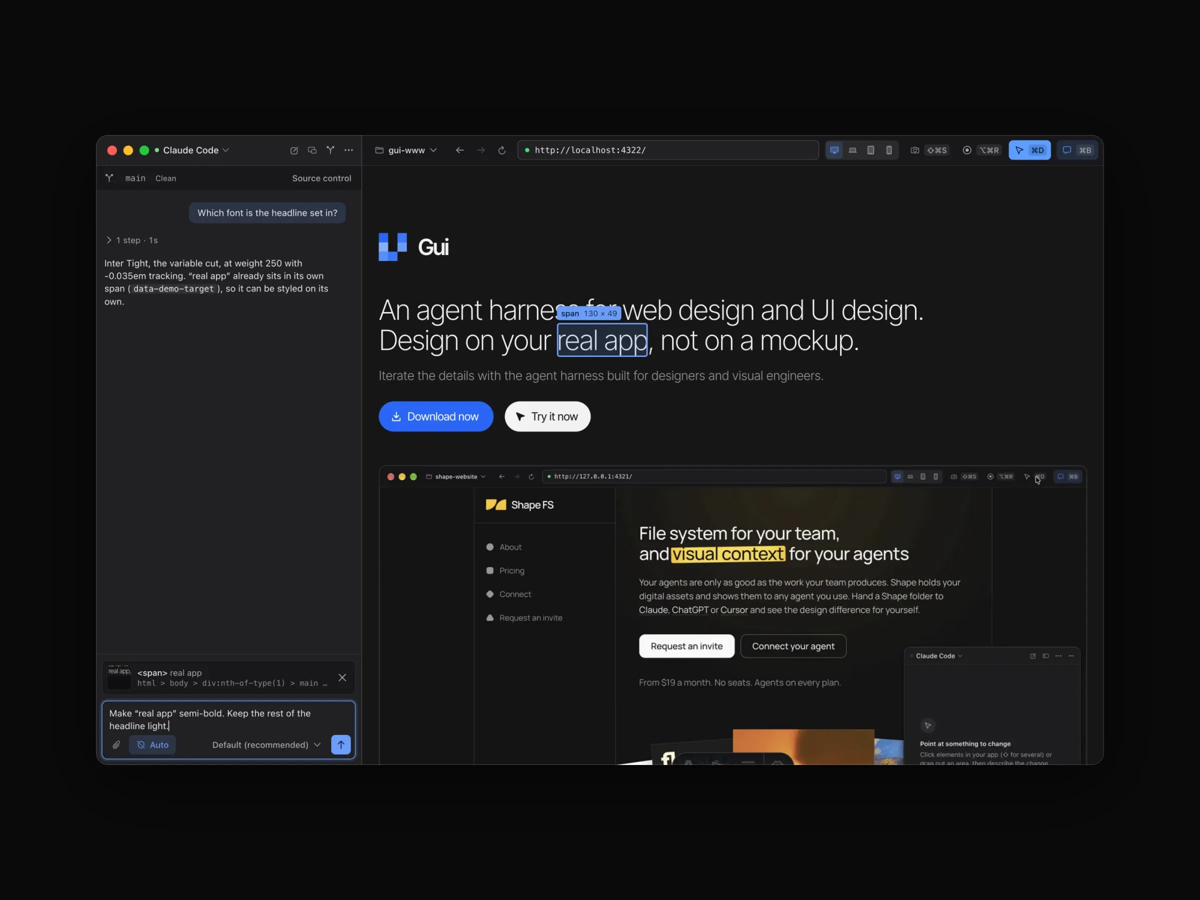 The Gui Mac app: an element picked in the live preview with a change written in the chat, the finished change with its before and after, and the page in the mobile viewport.
