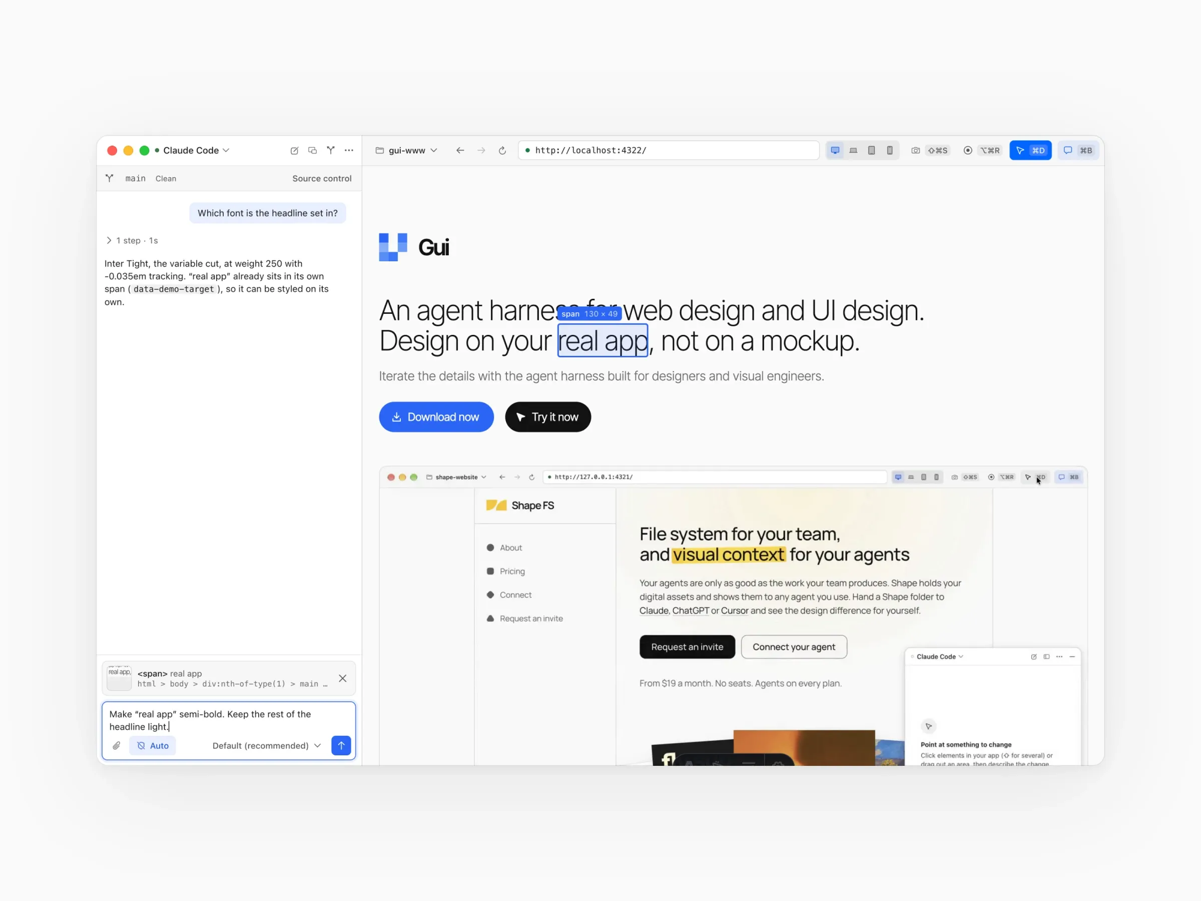 The Gui Mac app: an element picked in the live preview with a change written in the chat, the finished change with its before and after, and the page in the mobile viewport.