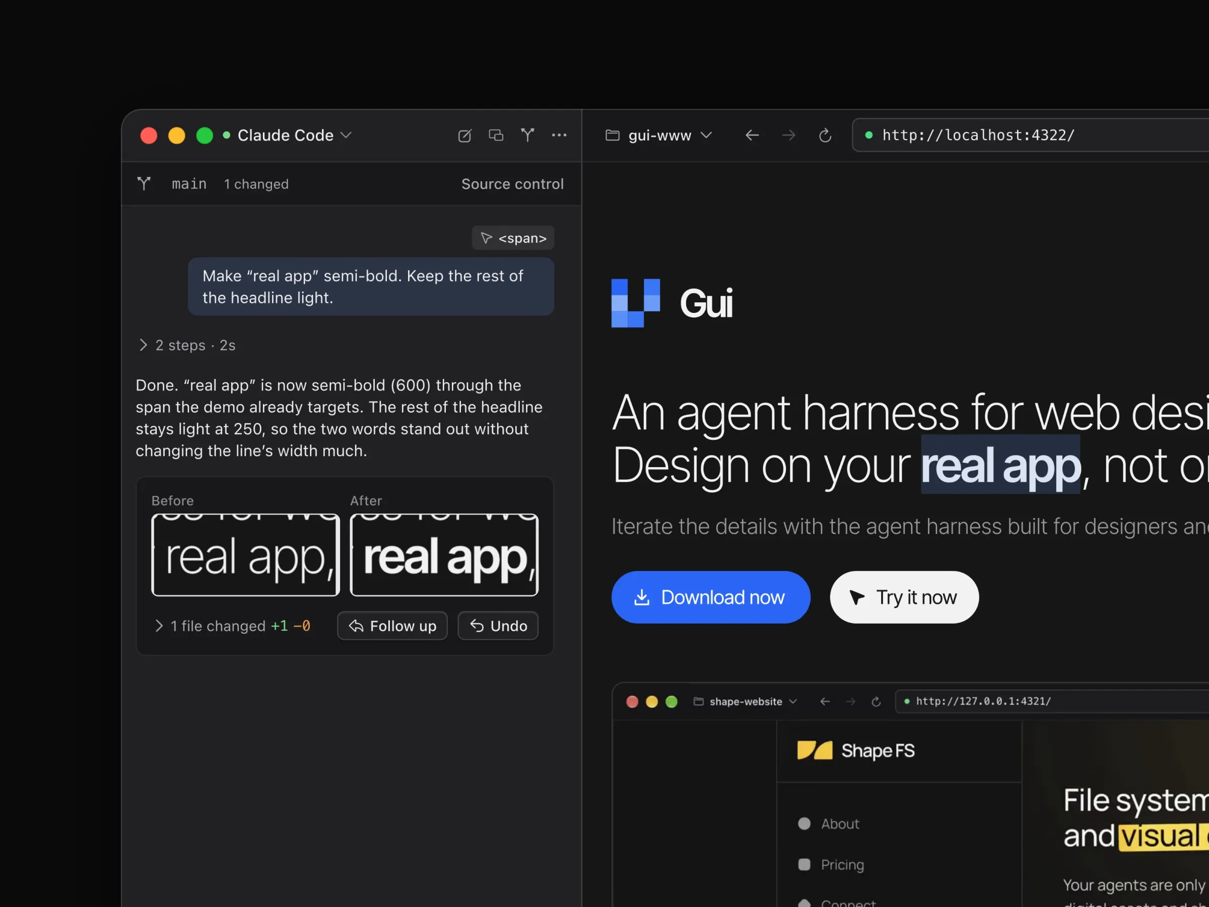 The Gui Mac app: an element picked in the live preview with a change written in the chat, the finished change with its before and after, and the page in the mobile viewport.