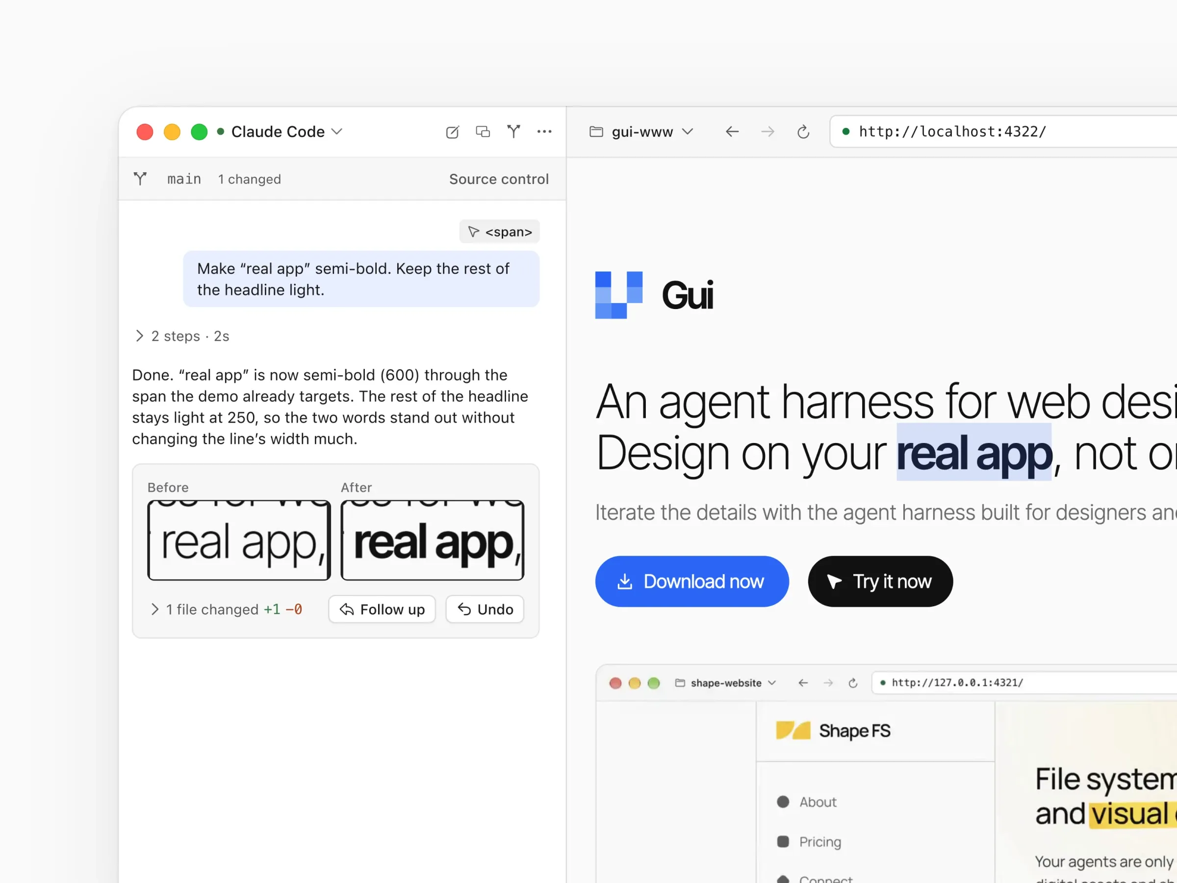 The Gui Mac app: an element picked in the live preview with a change written in the chat, the finished change with its before and after, and the page in the mobile viewport.