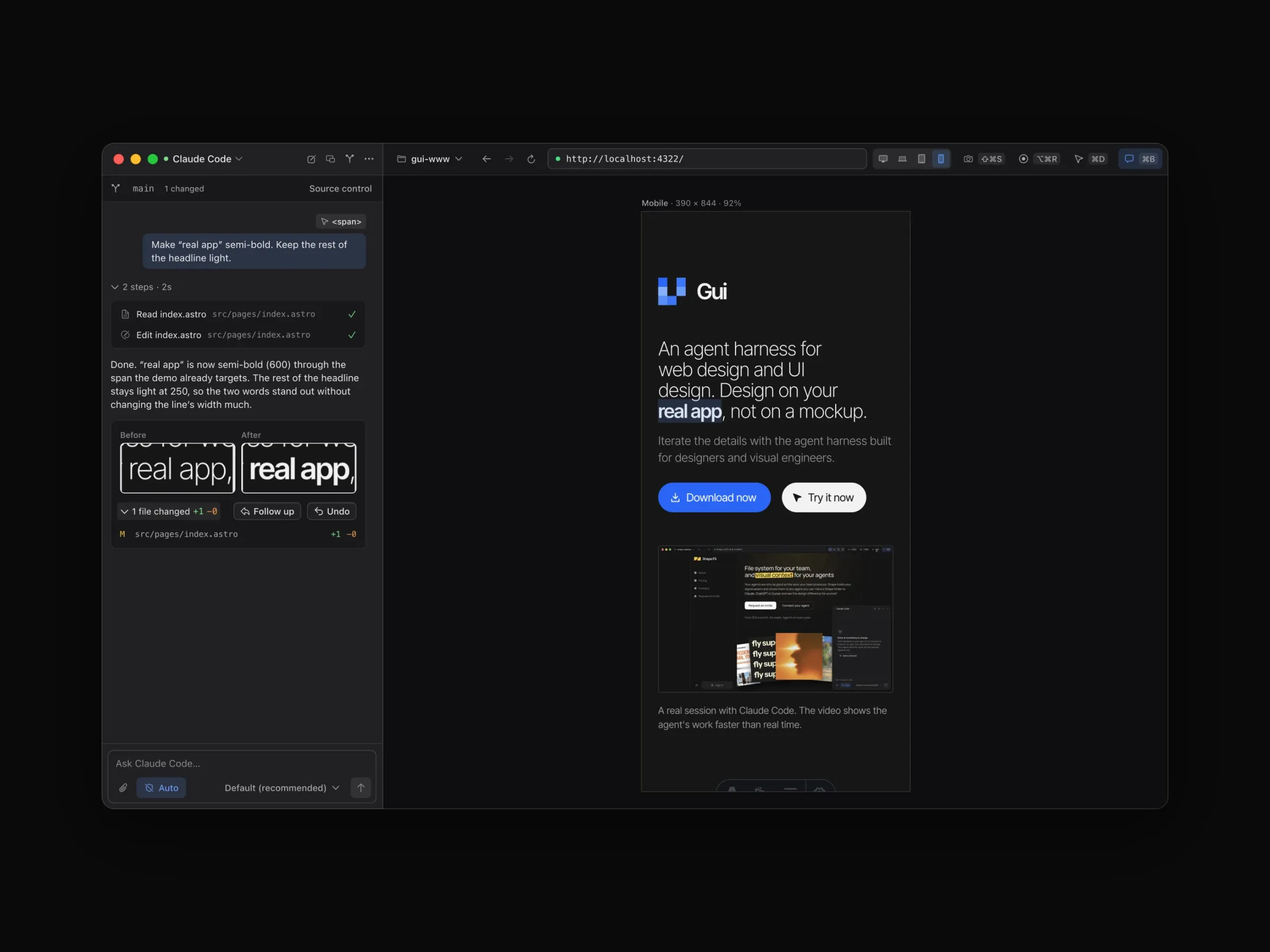 The Gui Mac app: an element picked in the live preview with a change written in the chat, the finished change with its before and after, and the page in the mobile viewport.
