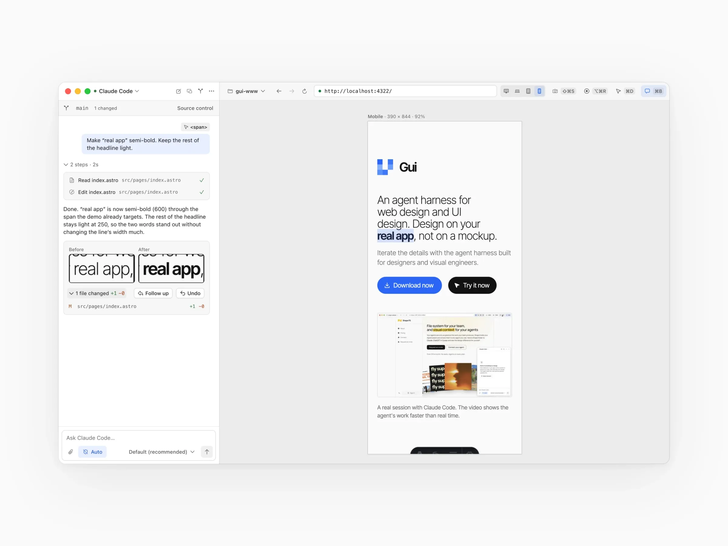 The Gui Mac app: an element picked in the live preview with a change written in the chat, the finished change with its before and after, and the page in the mobile viewport.