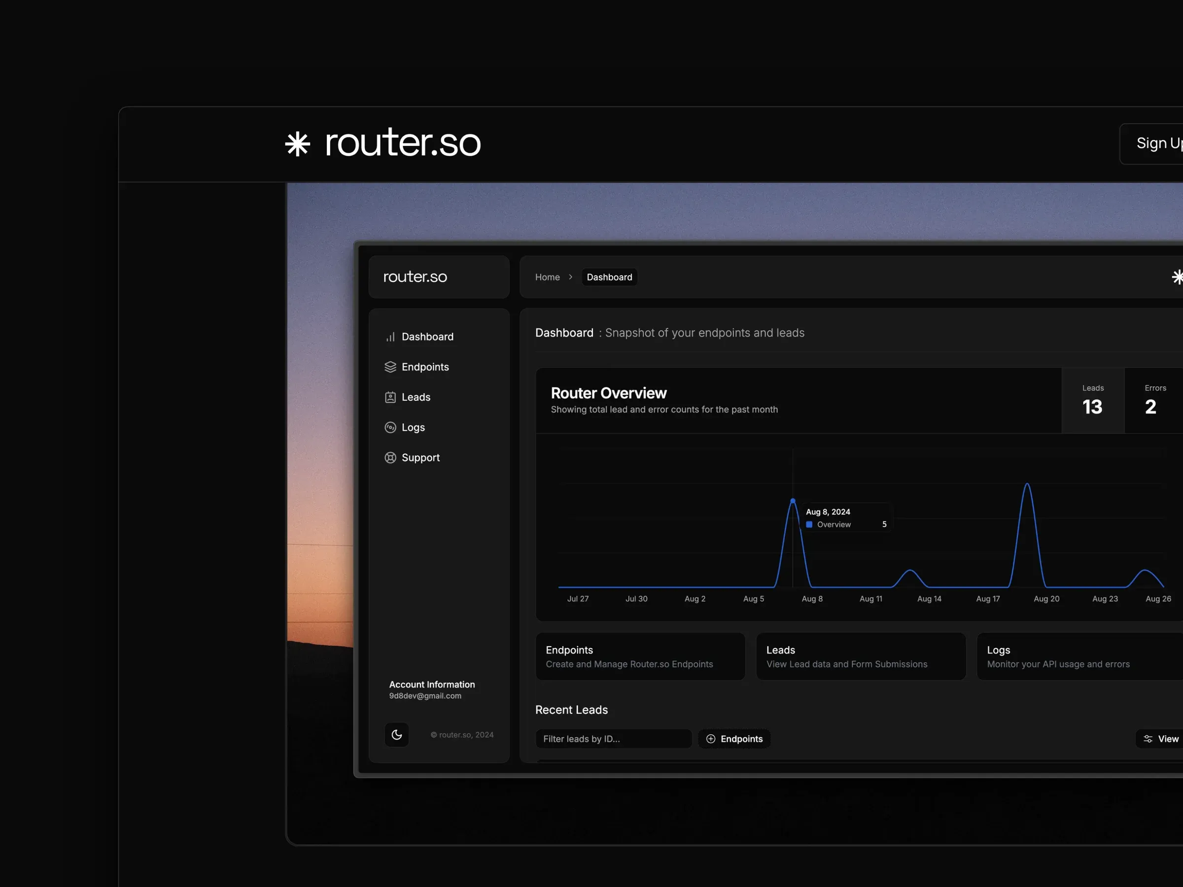 Router.so: the homepage, the lead dashboard up close, and the pricing page on a MacBook beside the mobile site.
