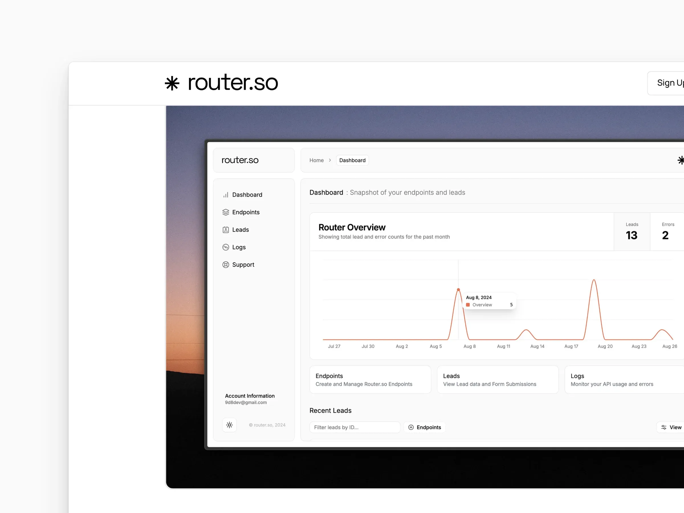 Router.so: the homepage, the lead dashboard up close, and the pricing page on a MacBook beside the mobile site.