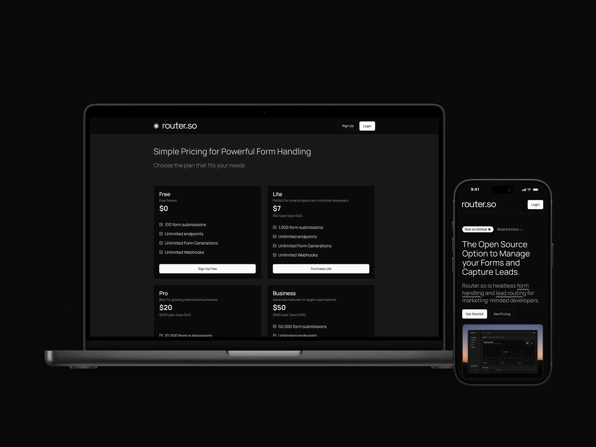 Router.so: the homepage, the lead dashboard up close, and the pricing page on a MacBook beside the mobile site.