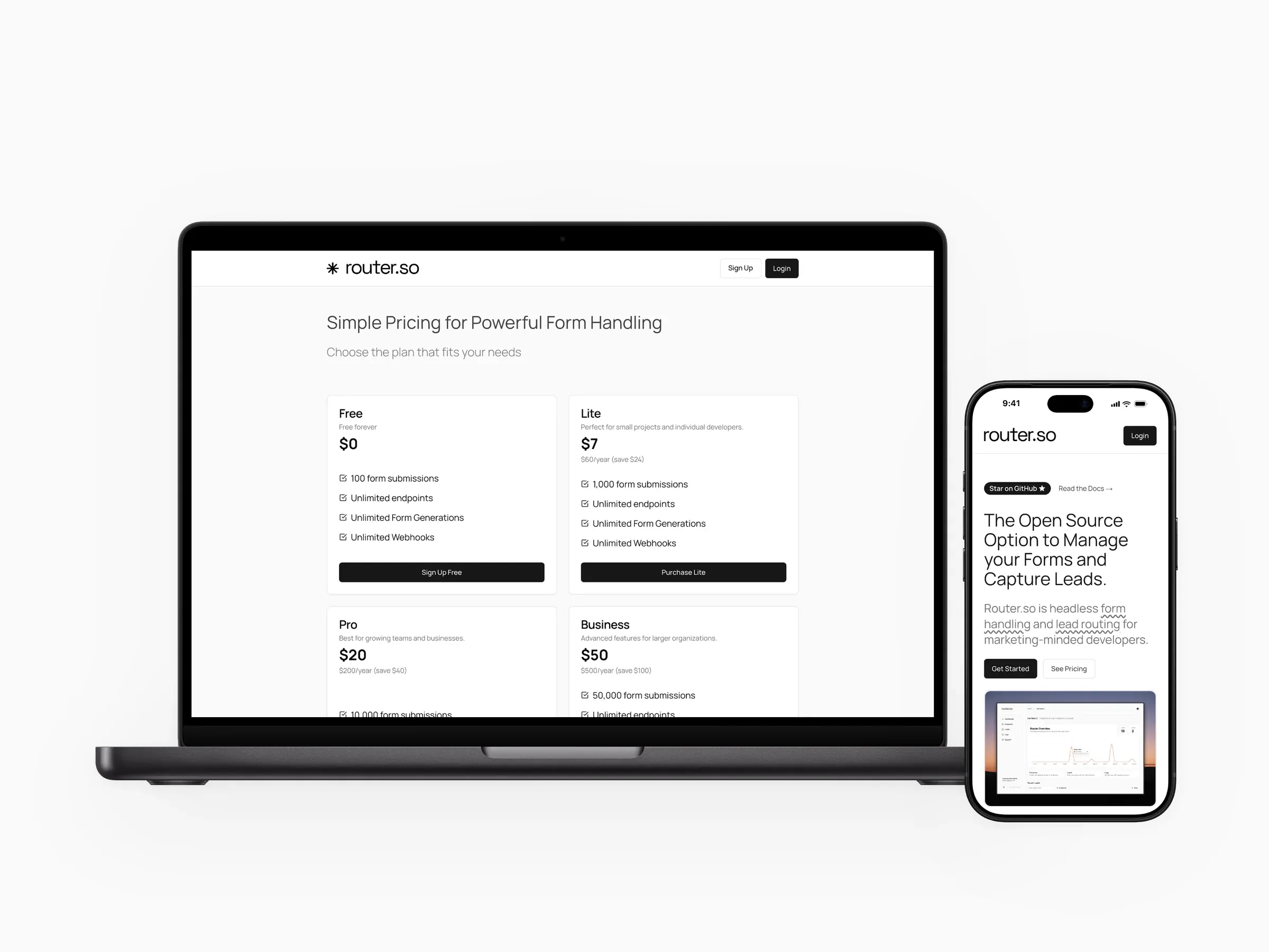 Router.so: the homepage, the lead dashboard up close, and the pricing page on a MacBook beside the mobile site.