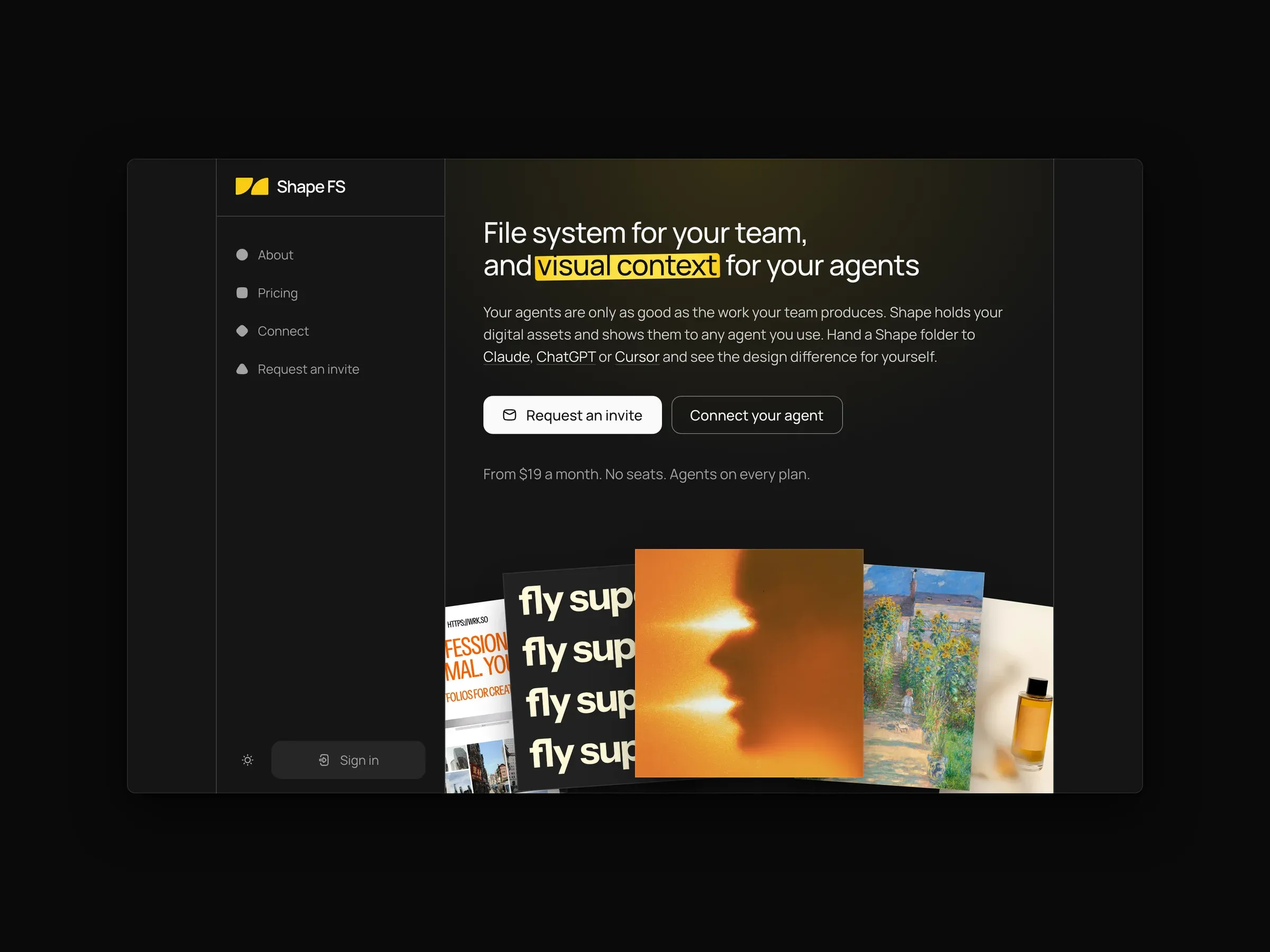 Shape FS, a file system for teams and their agents: the homepage, the agent connection page, and the pricing page on a MacBook beside the mobile site.