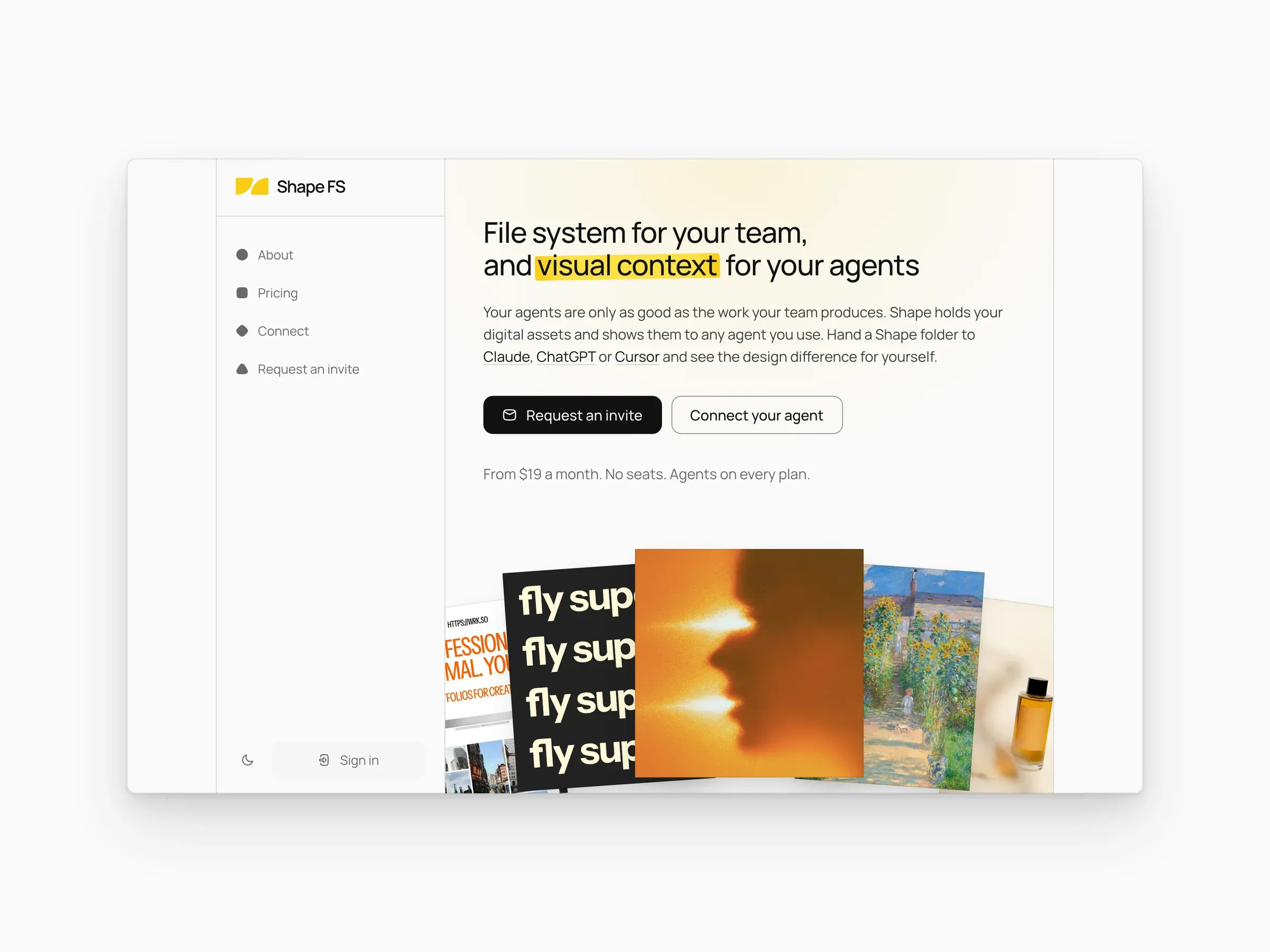 Shape FS, a file system for teams and their agents: the homepage, the agent connection page, and the pricing page on a MacBook beside the mobile site.