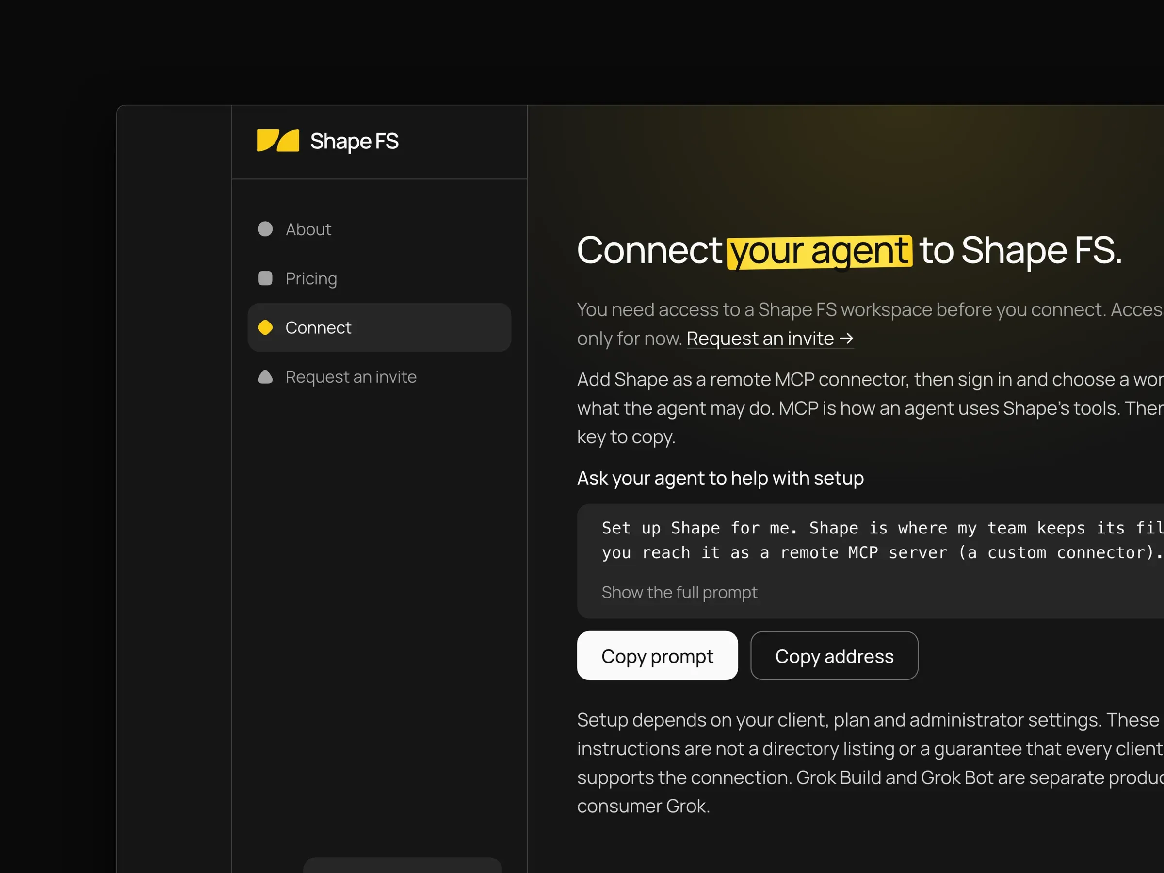 Shape FS, a file system for teams and their agents: the homepage, the agent connection page, and the pricing page on a MacBook beside the mobile site.