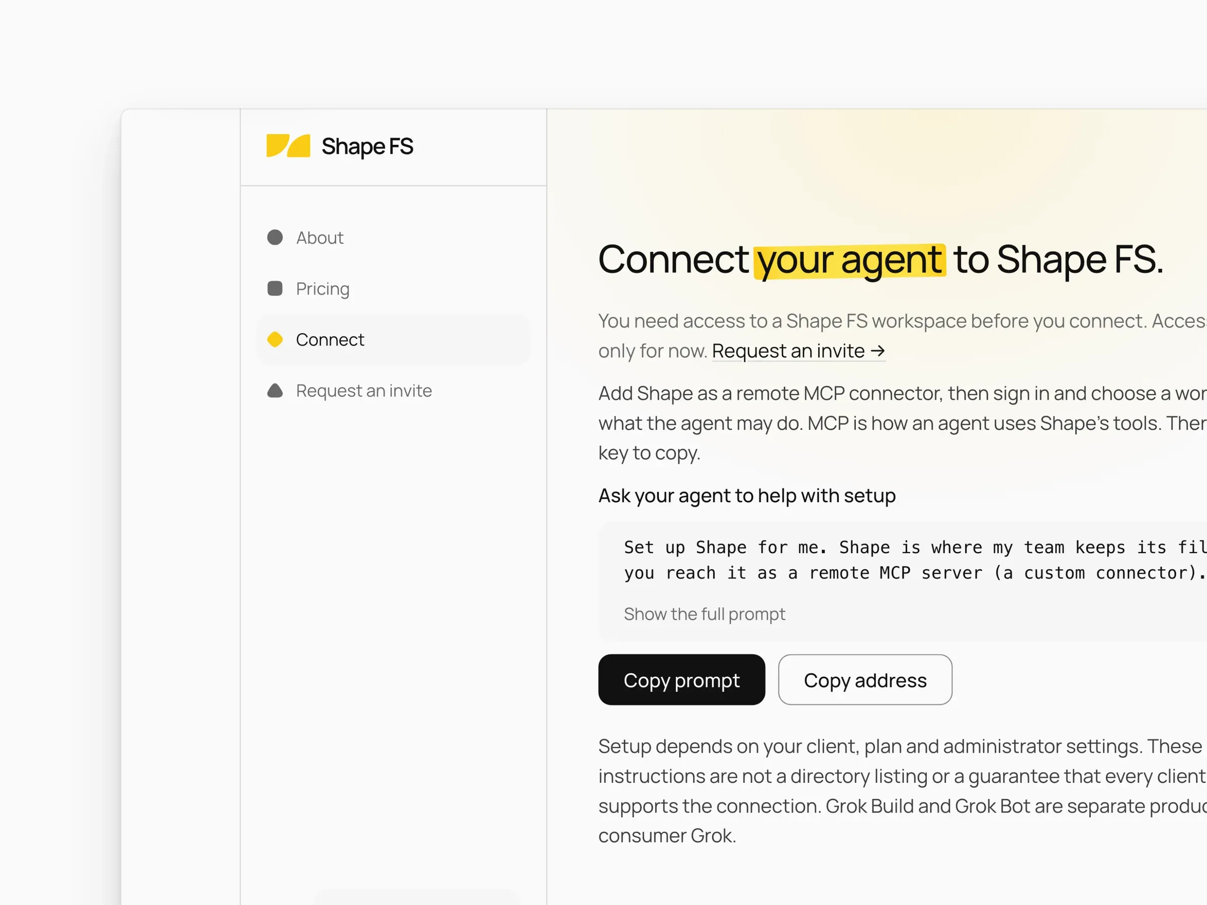 Shape FS, a file system for teams and their agents: the homepage, the agent connection page, and the pricing page on a MacBook beside the mobile site.