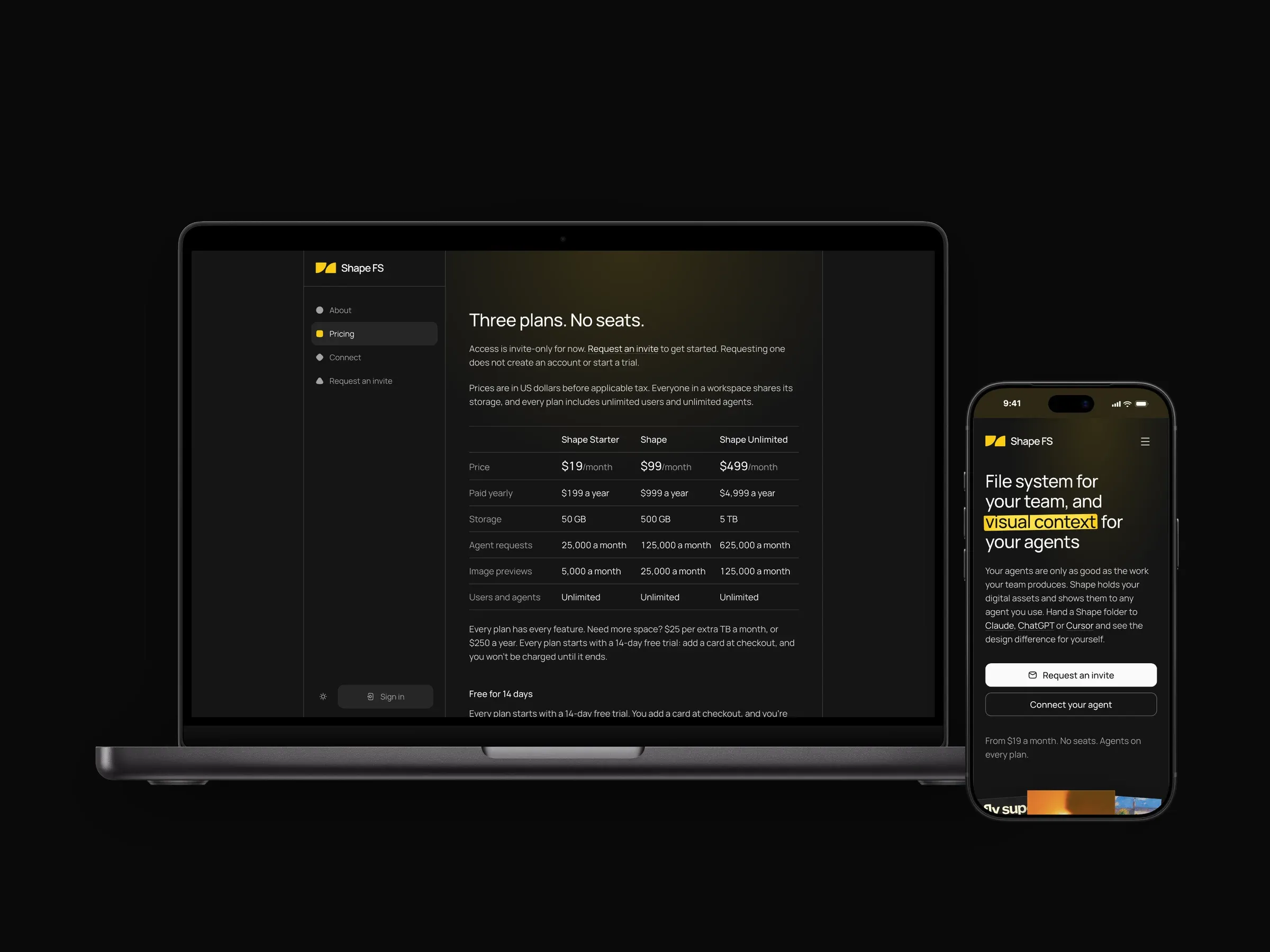 Shape FS, a file system for teams and their agents: the homepage, the agent connection page, and the pricing page on a MacBook beside the mobile site.