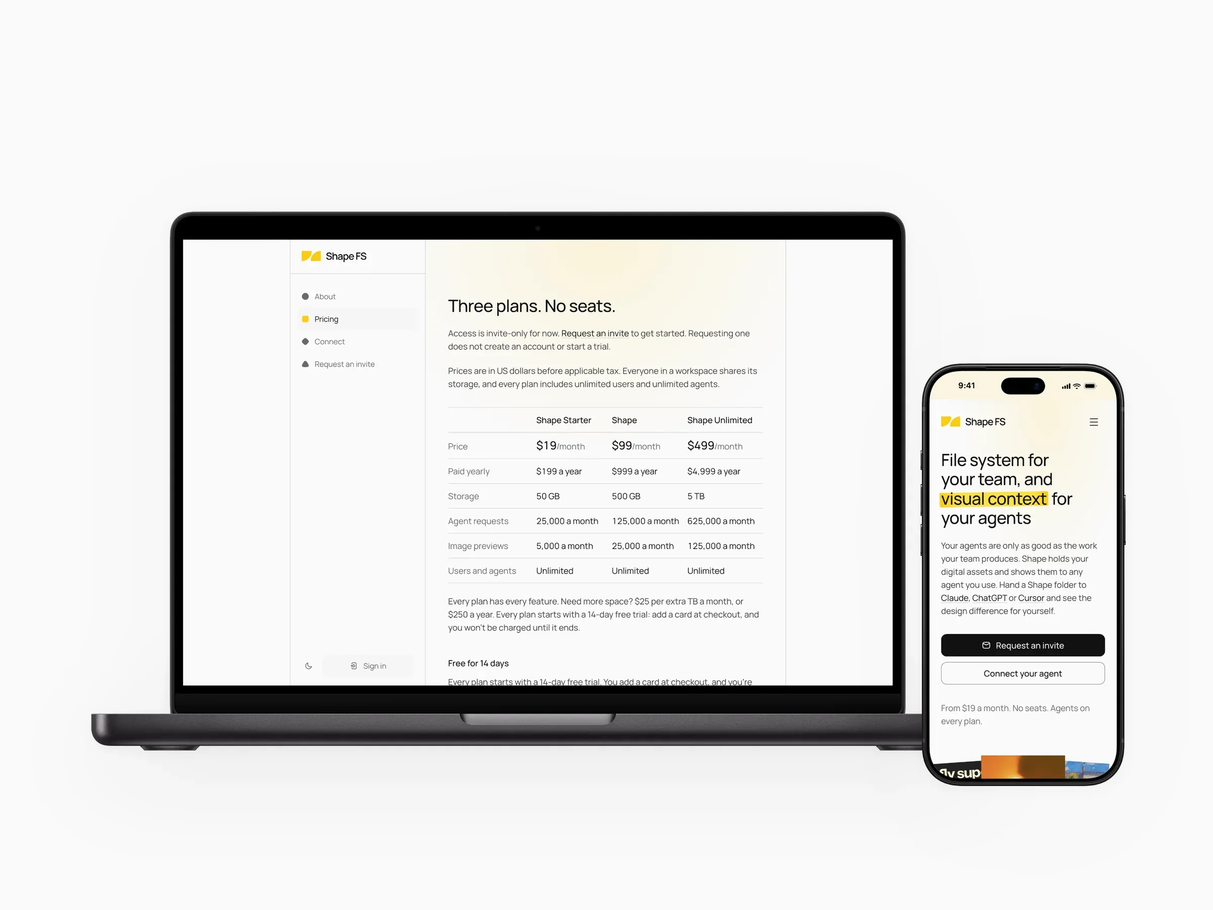 Shape FS, a file system for teams and their agents: the homepage, the agent connection page, and the pricing page on a MacBook beside the mobile site.