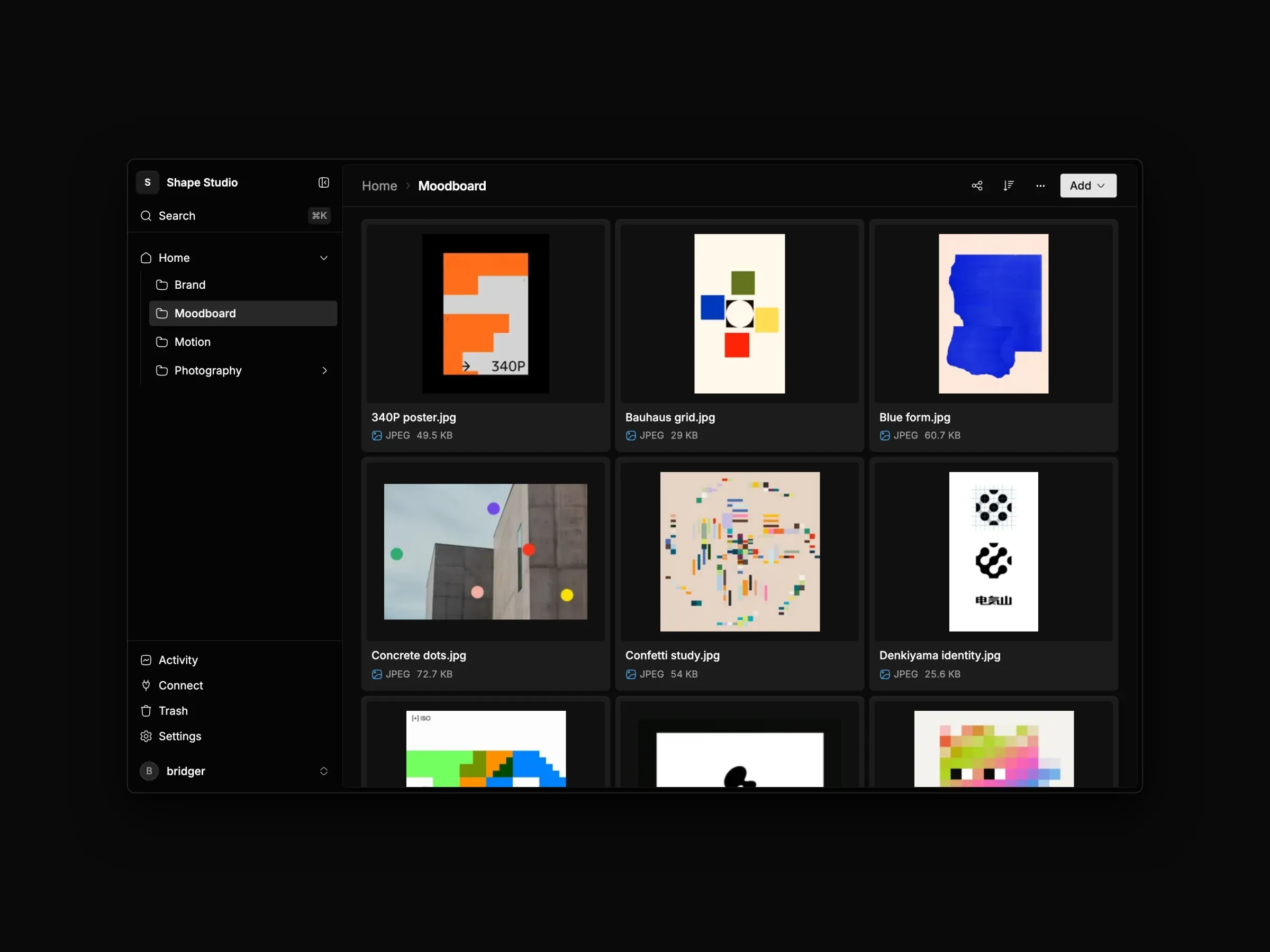 The Shape FS app: a moodboard folder of posters, a file page with tags, details and versions, and a brand folder on a MacBook beside a poster on an iPhone.