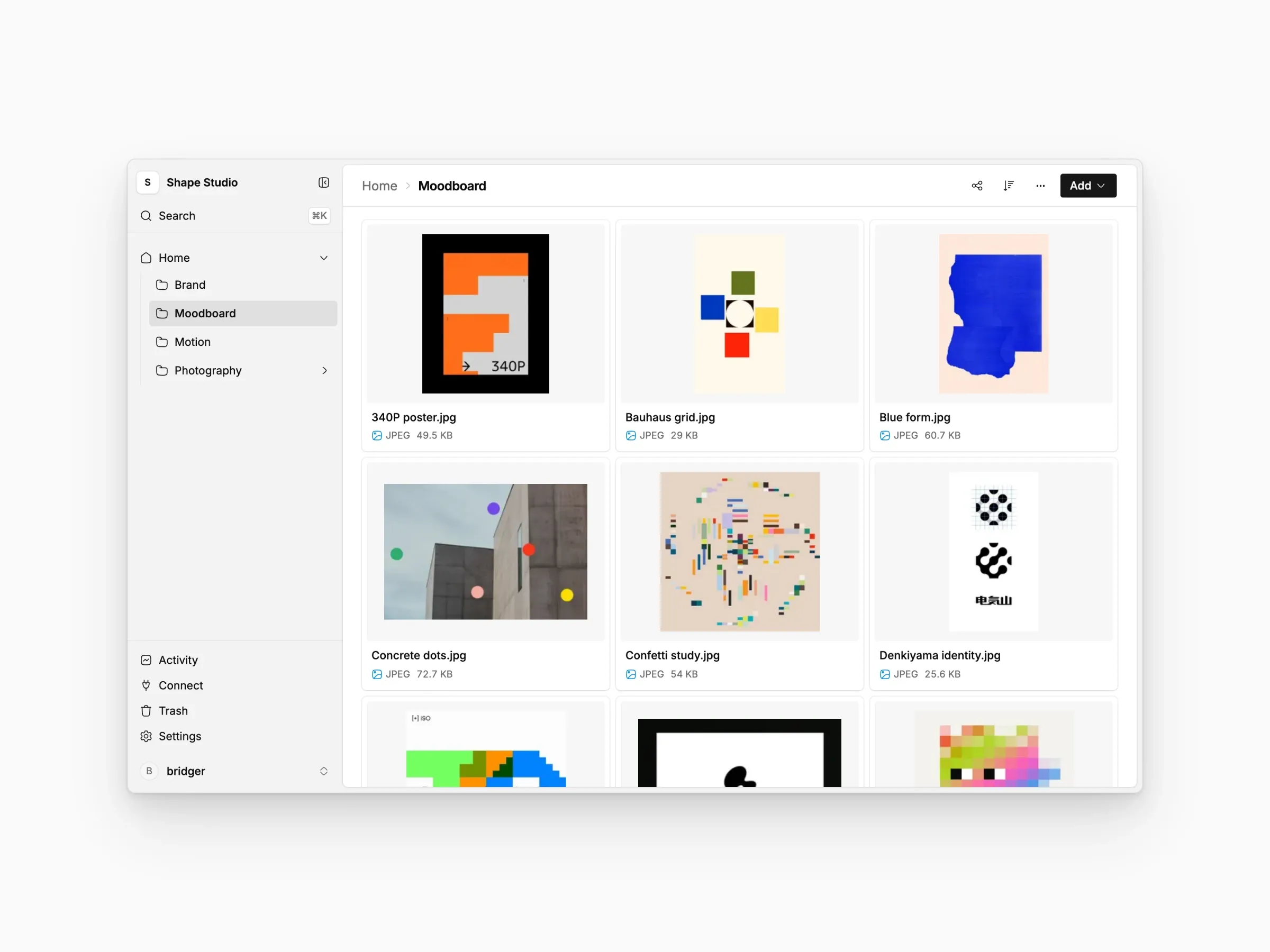The Shape FS app: a moodboard folder of posters, a file page with tags, details and versions, and a brand folder on a MacBook beside a poster on an iPhone.
