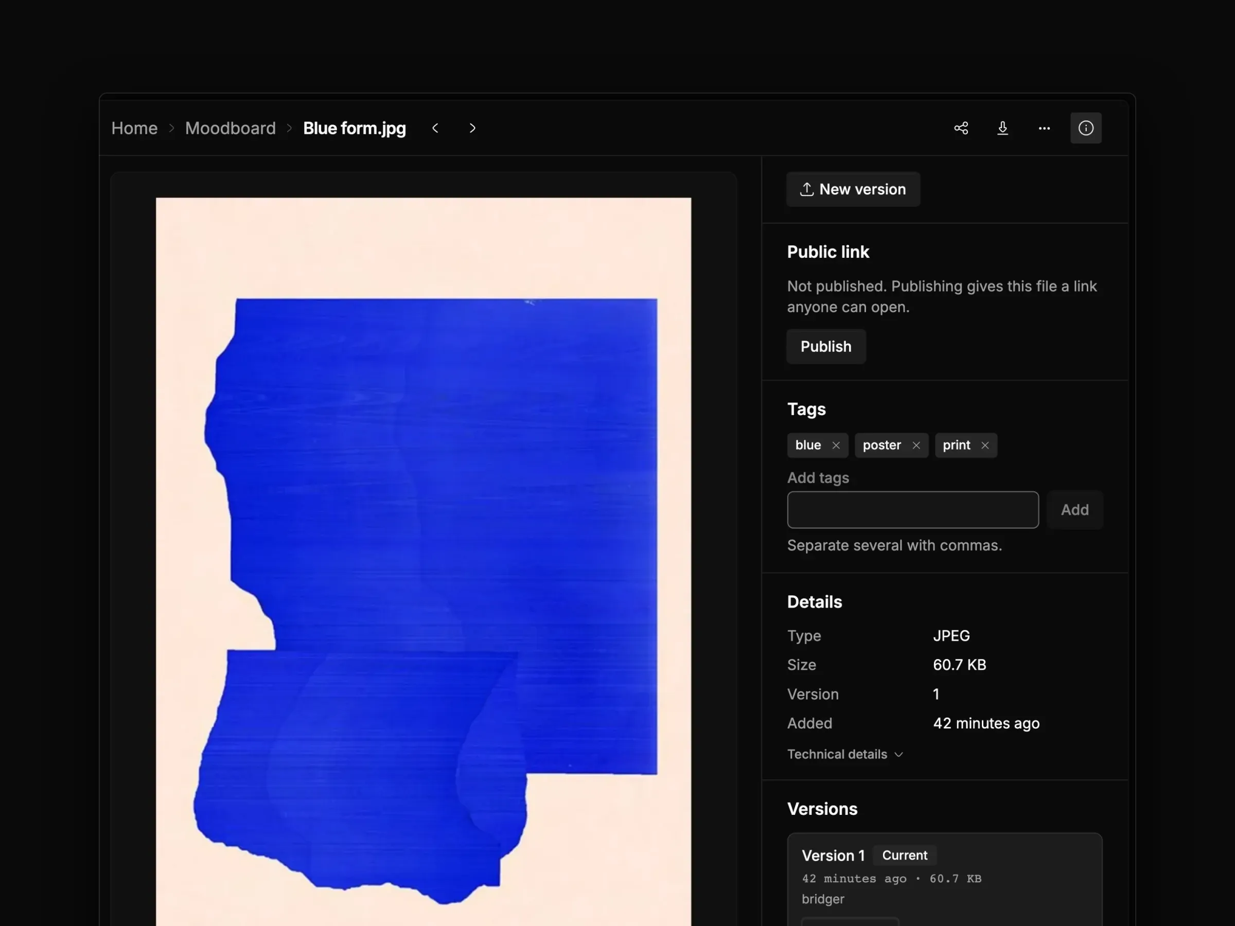 The Shape FS app: a moodboard folder of posters, a file page with tags, details and versions, and a brand folder on a MacBook beside a poster on an iPhone.