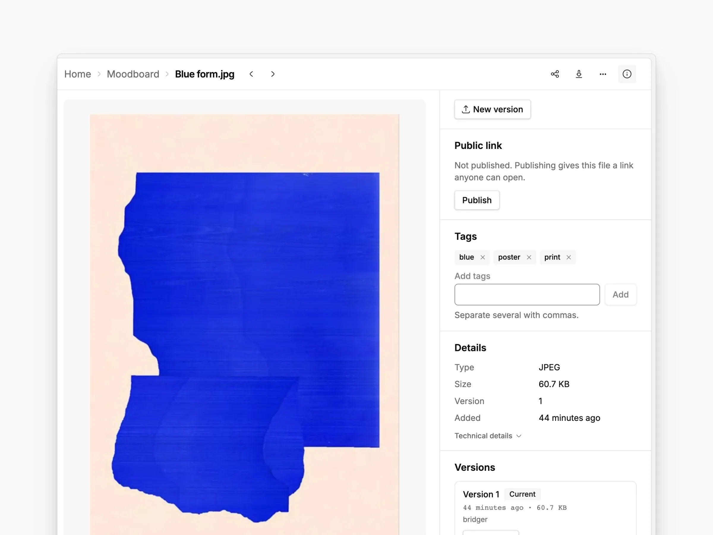 The Shape FS app: a moodboard folder of posters, a file page with tags, details and versions, and a brand folder on a MacBook beside a poster on an iPhone.