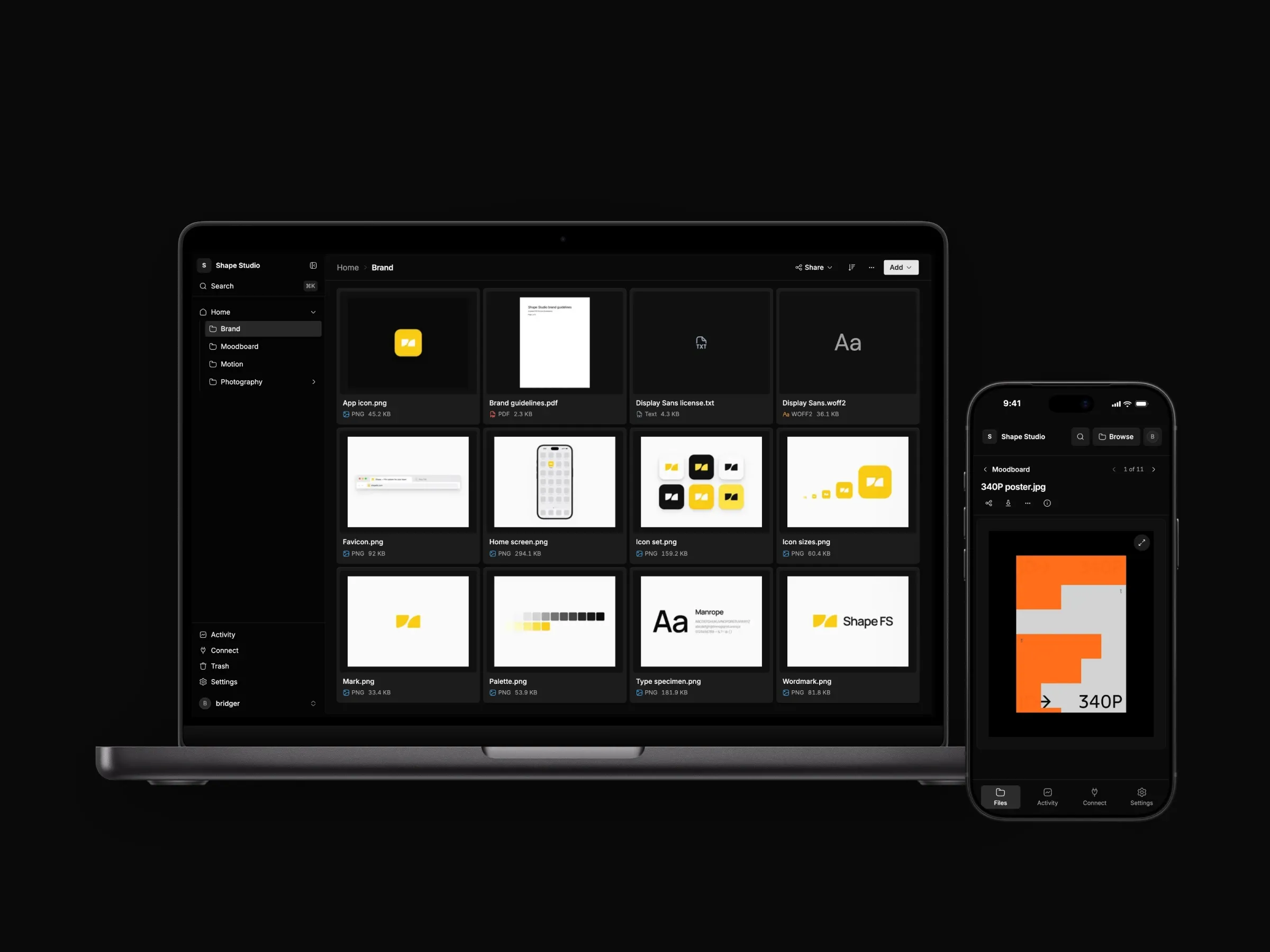 The Shape FS app: a moodboard folder of posters, a file page with tags, details and versions, and a brand folder on a MacBook beside a poster on an iPhone.
