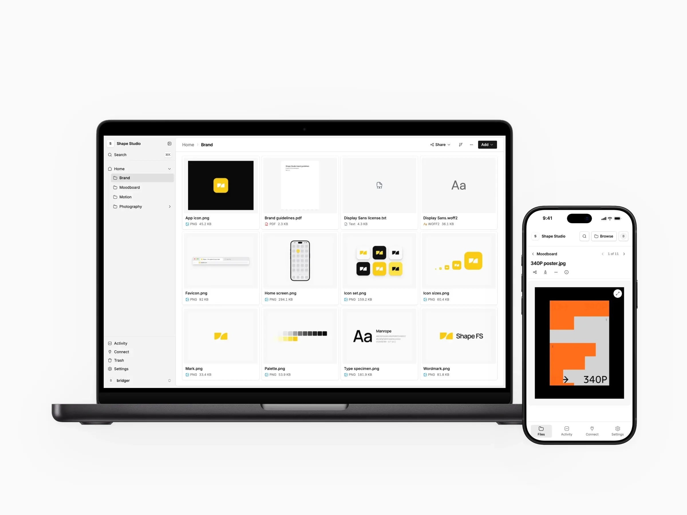 The Shape FS app: a moodboard folder of posters, a file page with tags, details and versions, and a brand folder on a MacBook beside a poster on an iPhone.