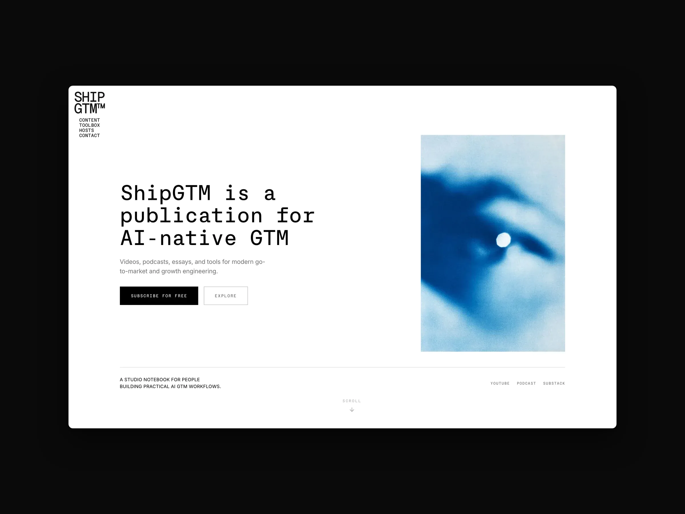 ShipGTM, a publication for AI-native go-to-market: the homepage, its channels, and the hosts and contact page on a MacBook beside the mobile site.