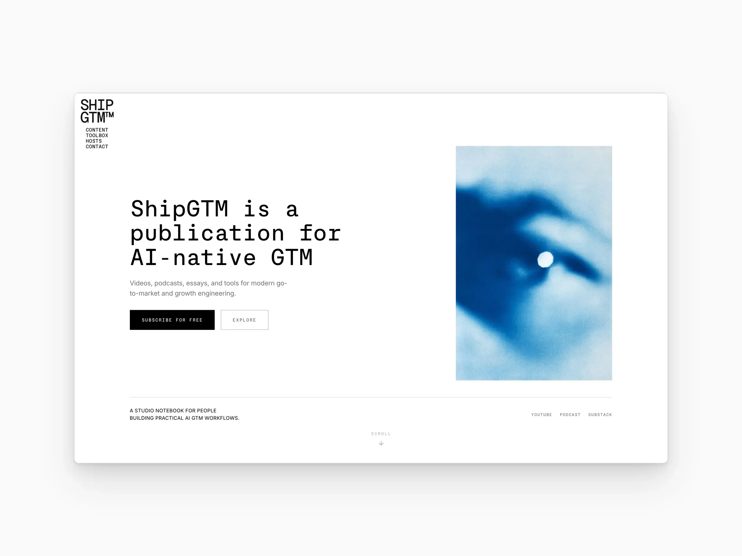 ShipGTM, a publication for AI-native go-to-market: the homepage, its channels, and the hosts and contact page on a MacBook beside the mobile site.